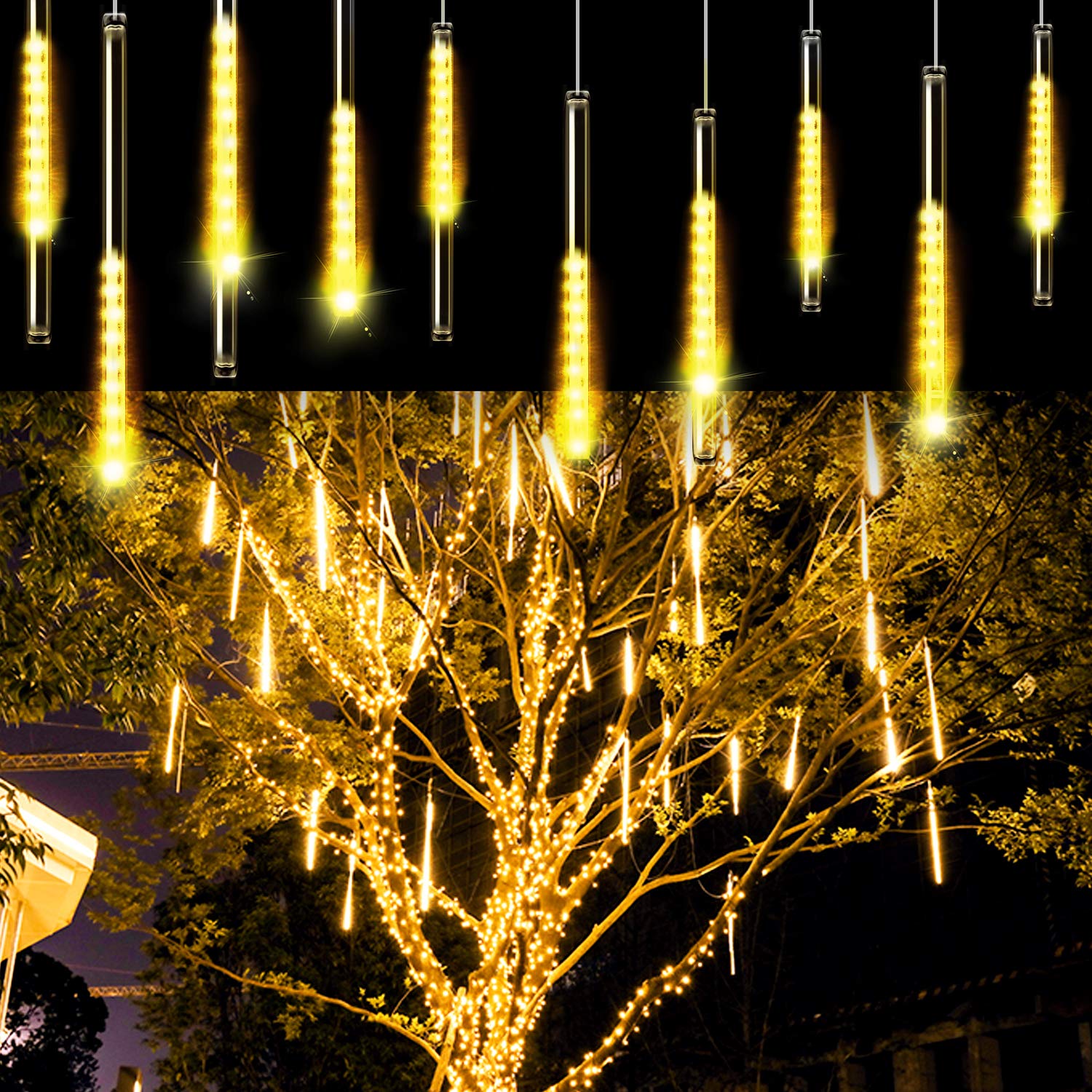 Aluan 10 Tube 240 LED Waterproof Christmas Meteor Shower Lights - Plug in Falling Rain Fairy String Lights for Outdoor, Patio, Garden, Holiday Party Decorations (Warm White) | Perfect for Christmas, Halloween, New Year & Wedding Decor