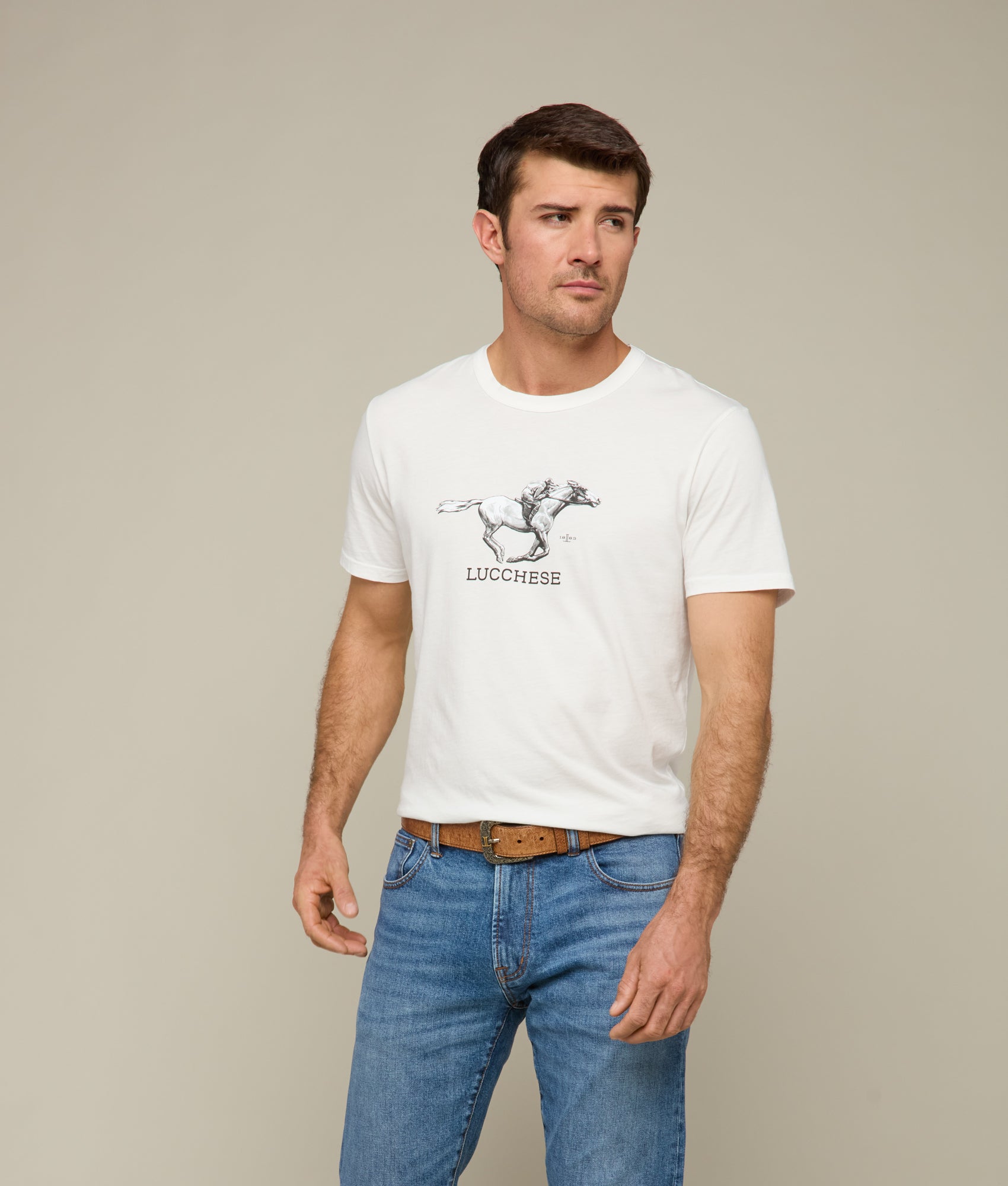 Lucchese Racehorse T-Shirt for Men - Premium White Cotton Tee - Comfortable Casual Wear for Horse Racing, Rodeo & Western Events