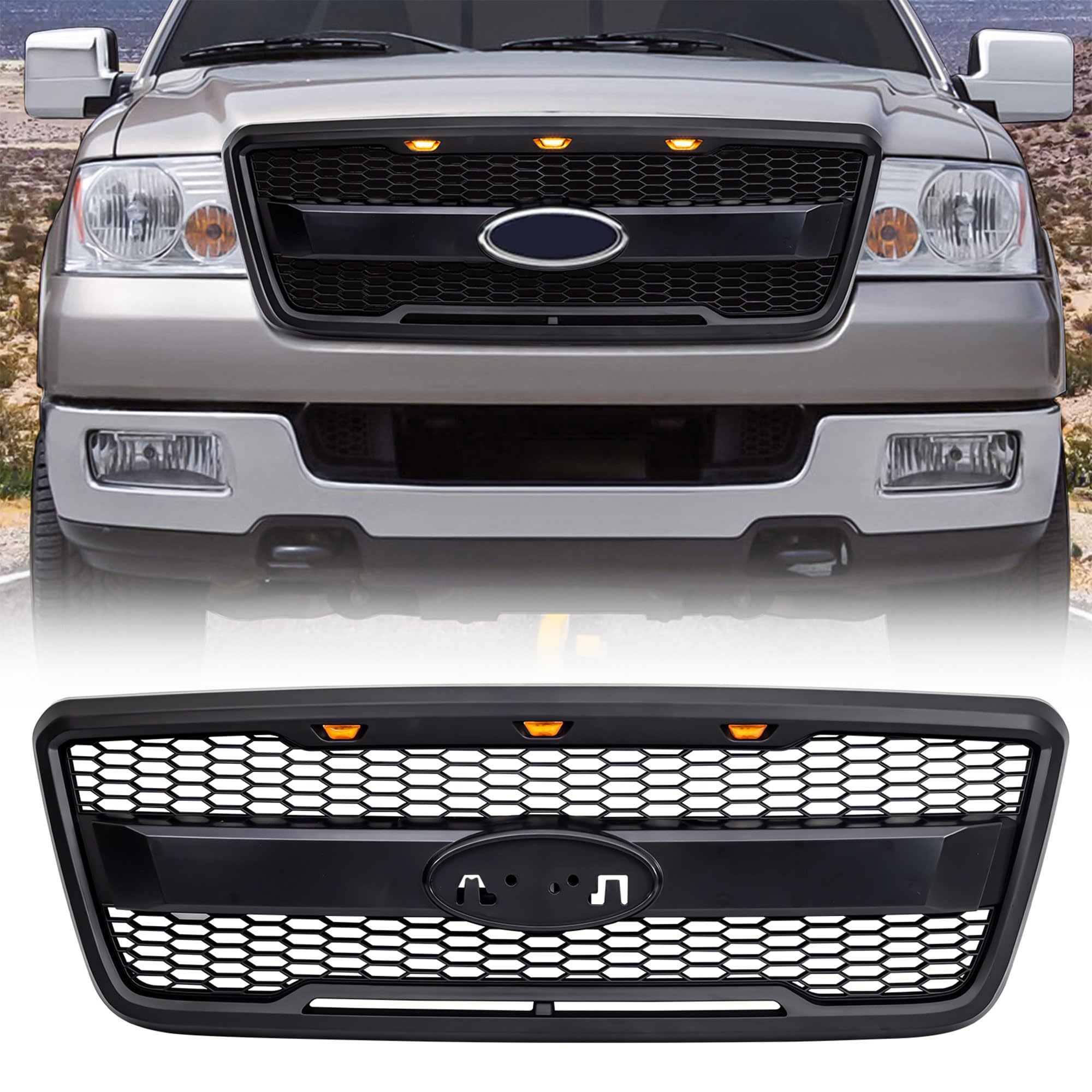 **2004-2008 Ford F150 Raptor Style Mesh Grille with Amber LED Lights & Emblem Base - Matte Black | Off-Road & Custom Truck Upgrade**