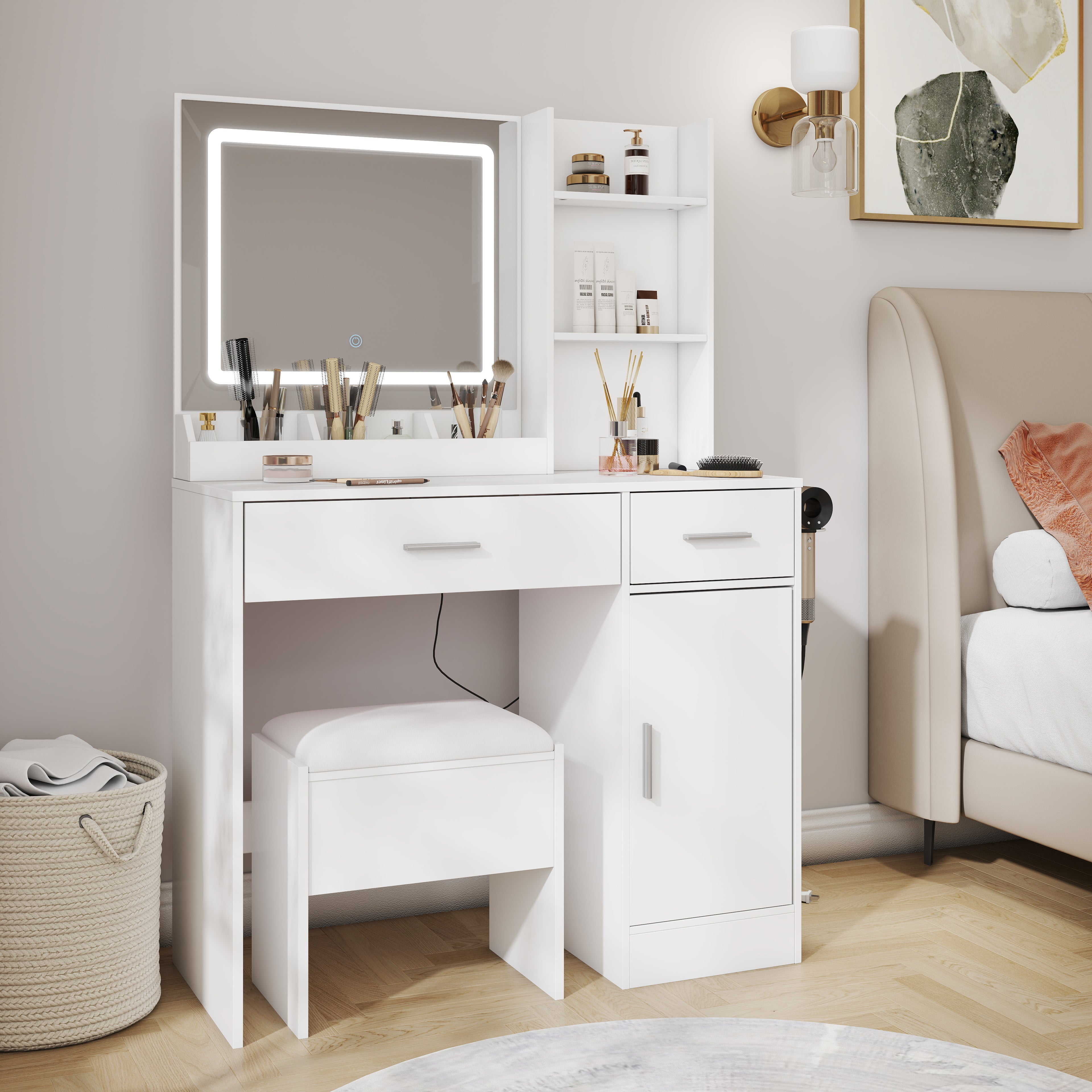 Roundhill Furniture Lavin Makeup Vanity Set with LED Light Mirror & Charging Station - White Vanity Desk & Stool for Bedroom, Dressing Room & Beauty Salon | Modern Makeup Table with Storage & USB Ports