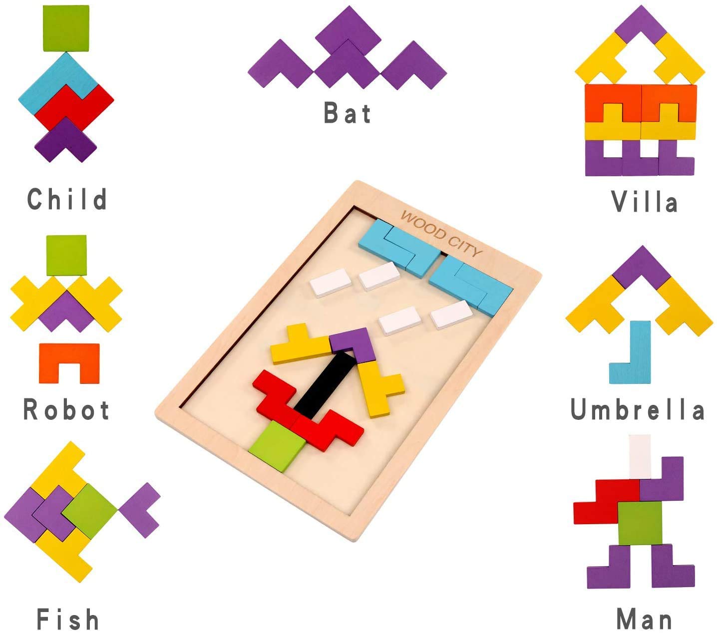 Vibgyor Vibes™ Wooden Tetris Puzzle - Classic Block Jigsaw Game for Kids & Adults - Brain Teaser & Stress Relief Toy for Home, Office & Travel