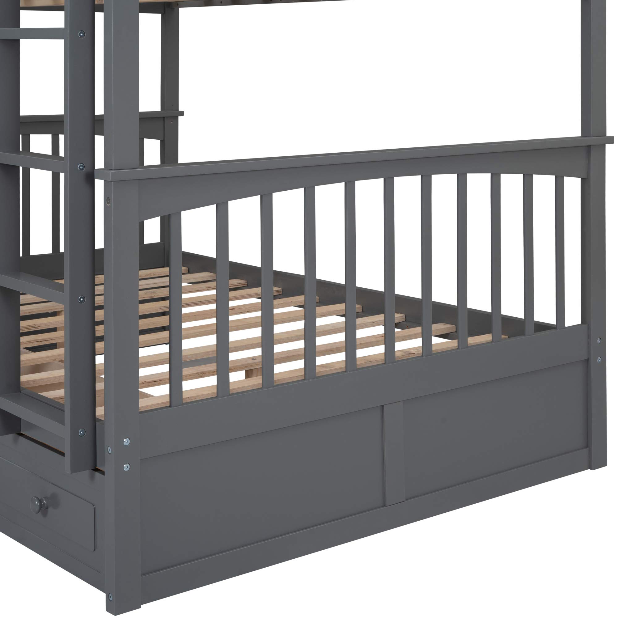 Harper & Bright Designs Full Over Full Wooden Bunk Bed with Safety Rail & Ladder - Kids & Teens Bunk Bed with 2 Storage Drawers - Sturdy Bed Frame for Bedroom, Guest Room & Small Spaces (Grey)