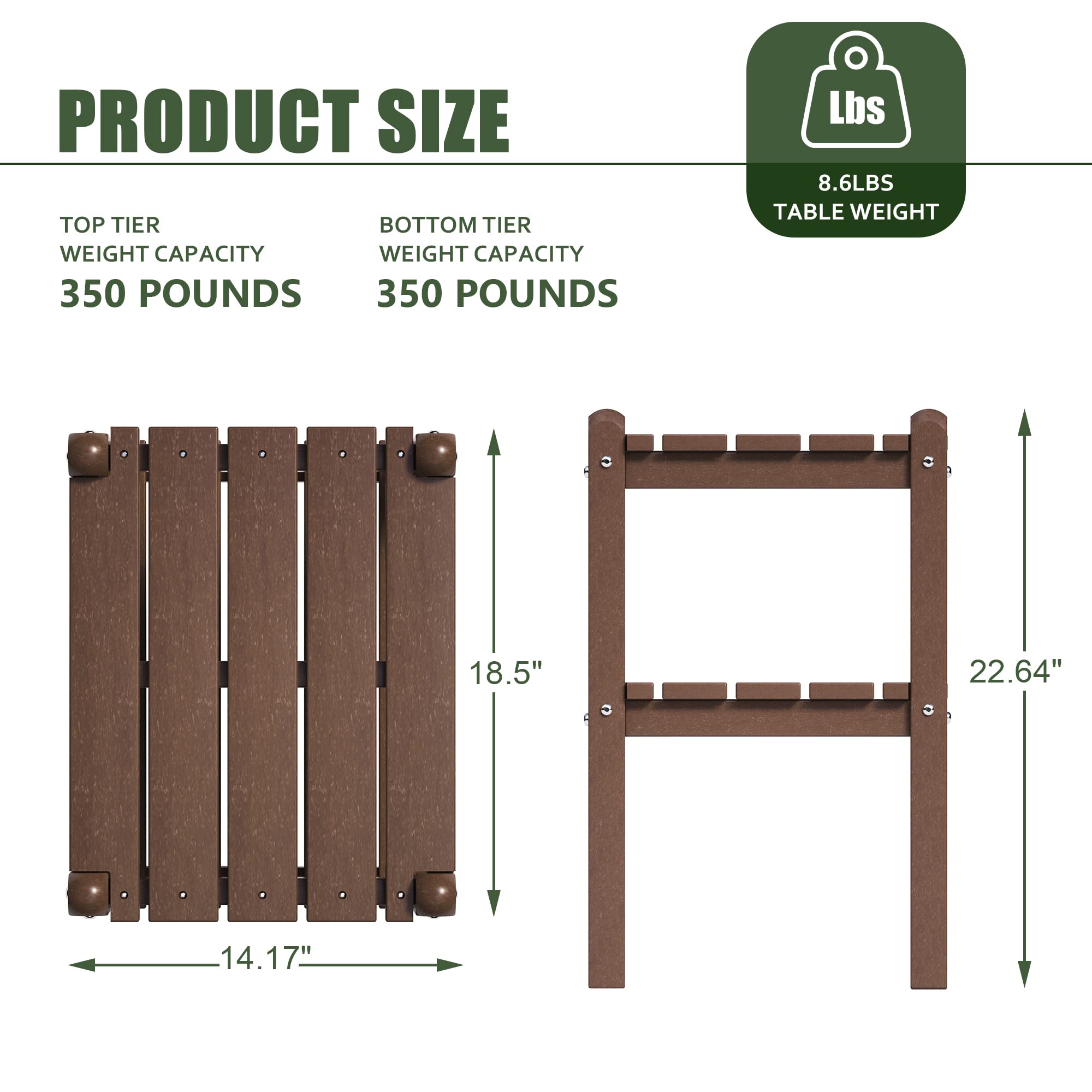 TORVA 2-Tier Outdoor Side Table - Weather-Resistant Adirondack End Table for Patio, Deck, Garden & Poolside - Easy Maintenance Rectangular Accent Table for Indoor/Outdoor Use - Perfect for Backyard, Porch & Outdoor Entertaining (Brown)