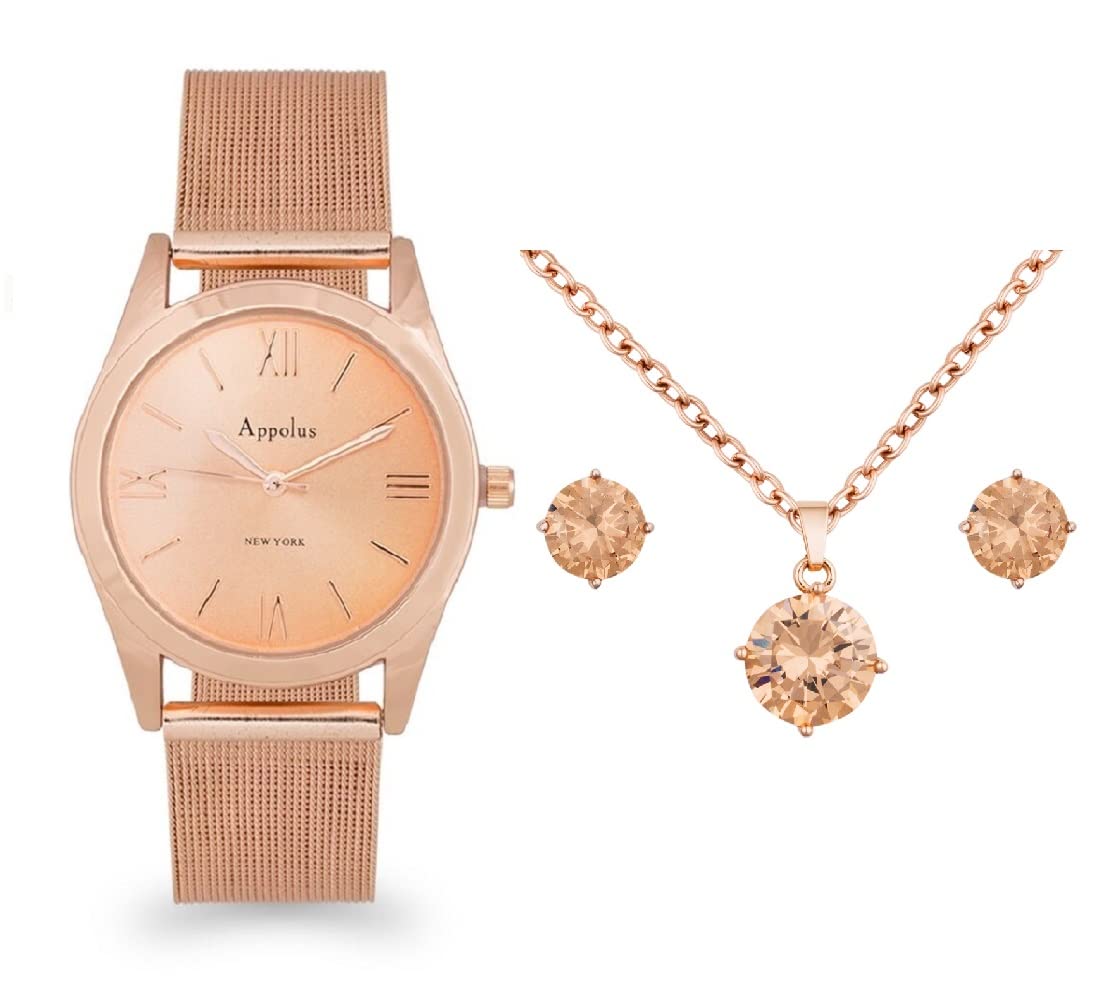 Appolus Elegant Women's Jewelry Gift Set - Cubic Zirconia Watch, Necklace & Earrings for Christmas, Birthday, Anniversary, Graduation | Perfect Gift for Mom, Wife, Girlfriend | Ideal for Special Occasions, Date Nights & Formal Events
