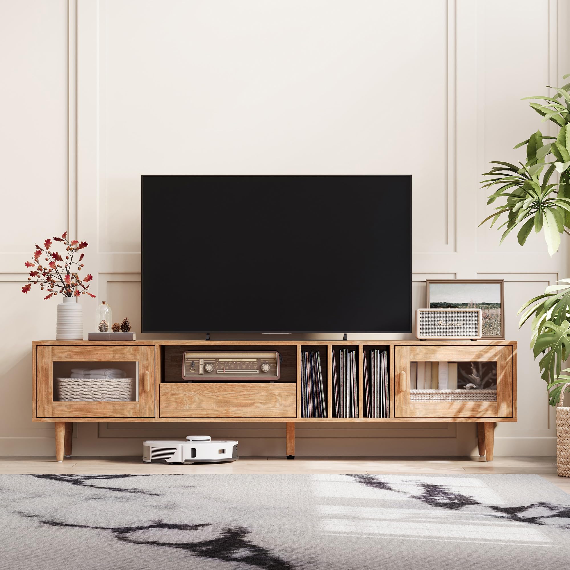LINSY HOME 80 Inch TV Stand - Mid Century Modern Entertainment Center with Drawers, Doors & Storage Shelves - Media Console Cabinet for Living Room & Bedroom - Perfect for Home Theater Setup & Family Movie Nights