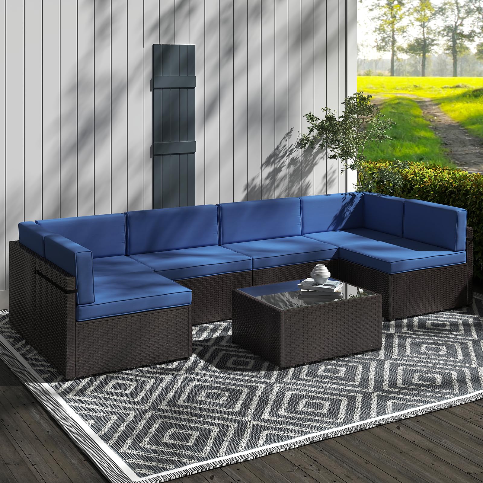 Peach Tree 7-Piece All-Weather Outdoor Sectional Sofa Set with Washable Cushions & Coffee Table - Patio Rattan Furniture for Backyard, Poolside, Garden & Deck Relaxation