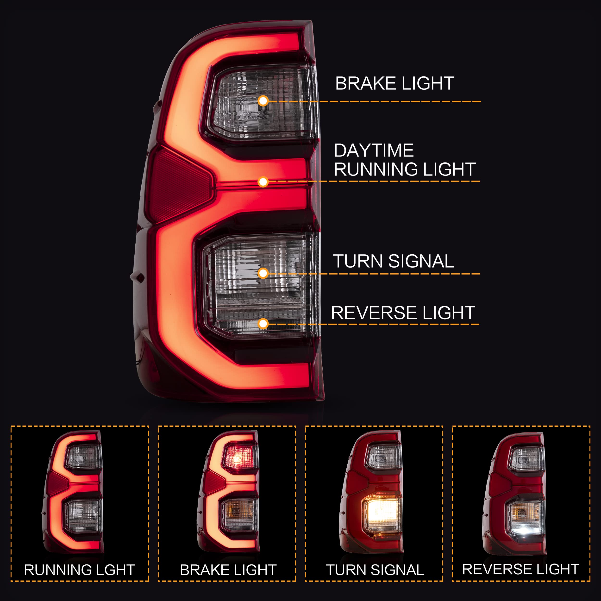VLAND LED Tail Lights Assembly for Toyota Hilux 2015-2020 - Compatible with Base, Chasis, Doble Cab, SR, DLX Models (Not for Tonka) - Red Rear Lamps with DRL & Turn Signal - Perfect for Off-Roading & Night Driving
