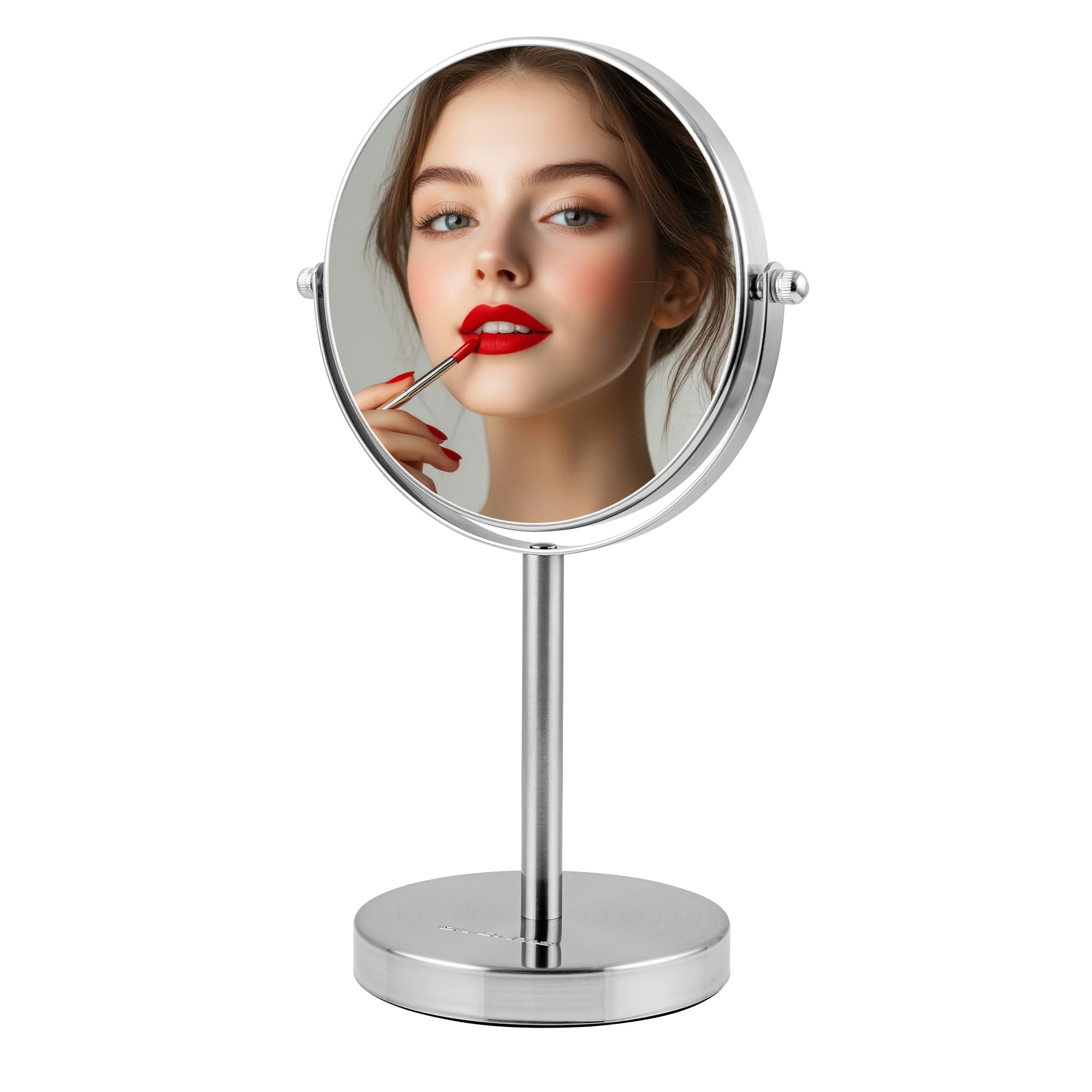 OVENTE 6-Inch Double-Sided Vanity Mirror with 1X/7X Magnification, 360° Swivel Stand - Brushed Nickel Makeup Mirror for Dresser, Bedroom & Office Desk | Perfect for Makeup Application, Skincare Routine & Grooming