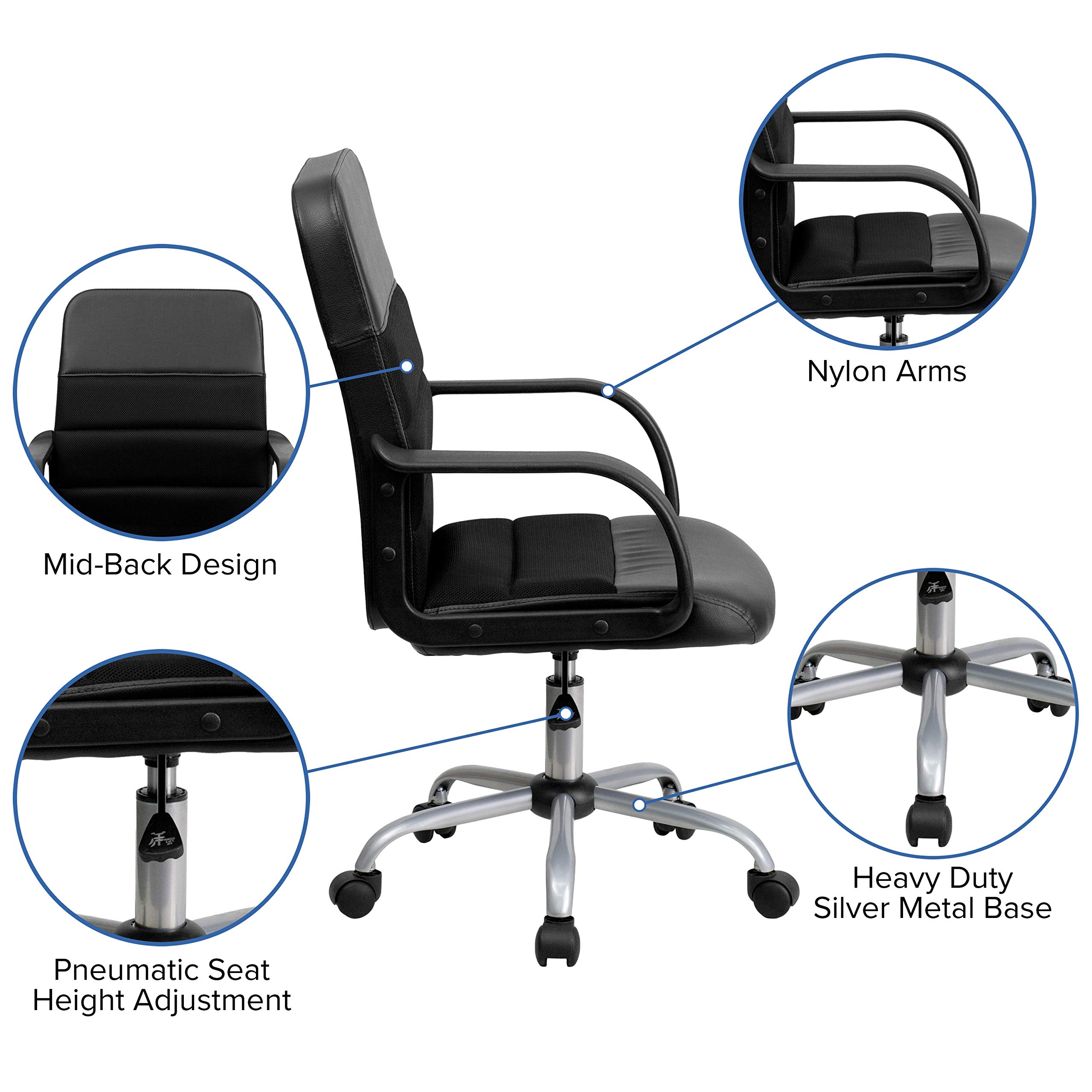 Flash Furniture Manor Mid-Back Swivel LeatherSoft Office Chair with Adjustable Height, Headrest & Padded Arms - Ergonomic Desk Chair for Home Office, Gaming & Workspace - Black