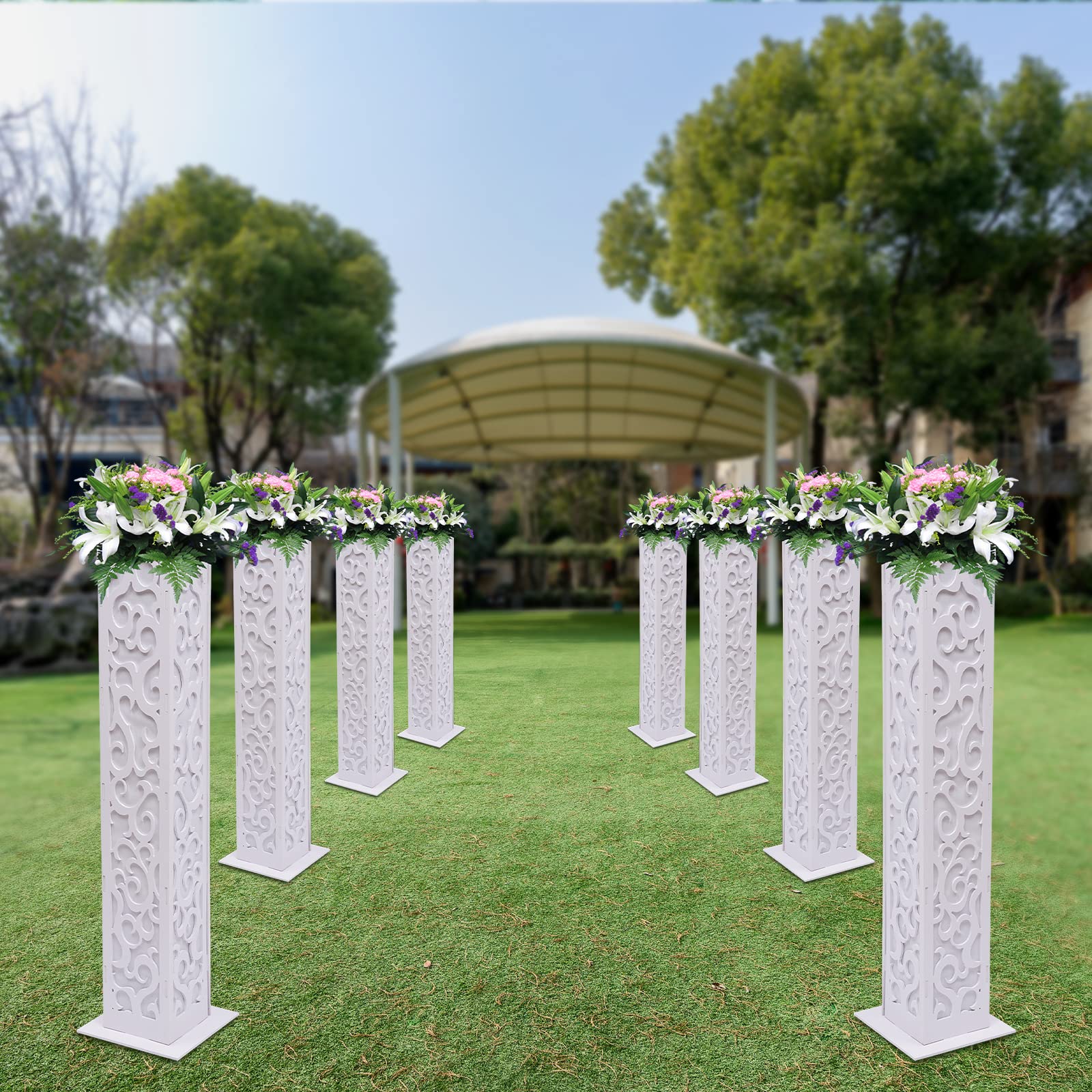 8PCS Carved Roman Pillar with 3-Color LED Lights & Auspicious Cloud Pattern - 47.2