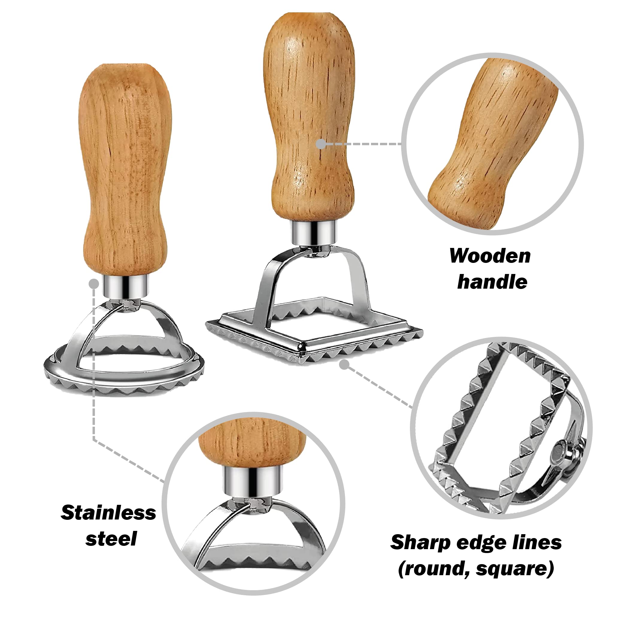 Ravioli Maker Stamp Cutter with Roller Wheel Set - Stainless Steel Pasta Maker Mold with Ergonomic Wooden Handle - Perfect for Homemade Ravioli, Dumplings, Lasagna & Pierogi - 3-Piece Kitchen Tool Set for Italian Cooking & Family Meal Prep