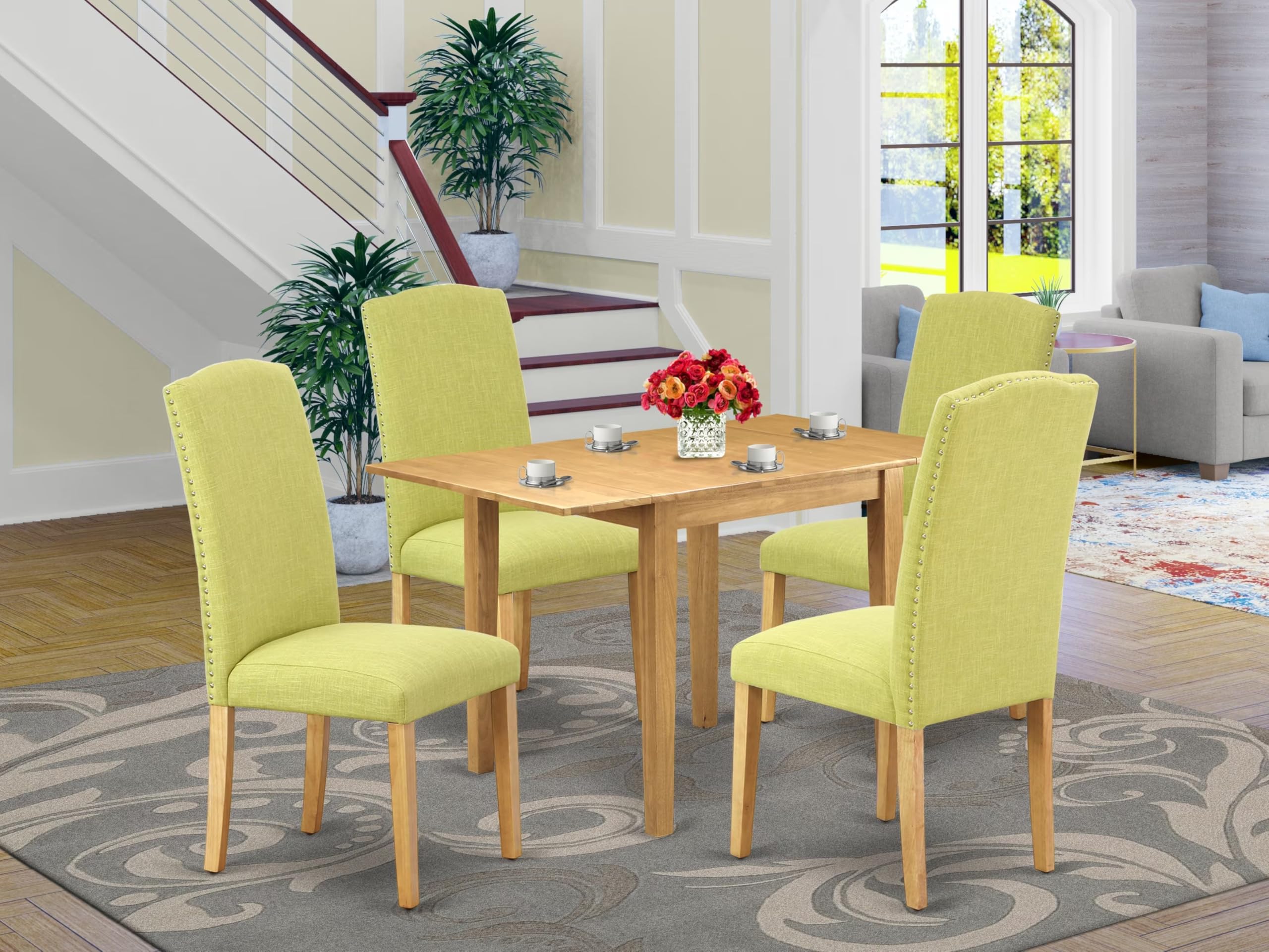 East West Furniture 5-Piece Oak Dining Set with Drop-Leaf Table & 4 Upholstered Chairs – 30x48 Inch Rectangle Table – Perfect for Small Spaces & Family Meals