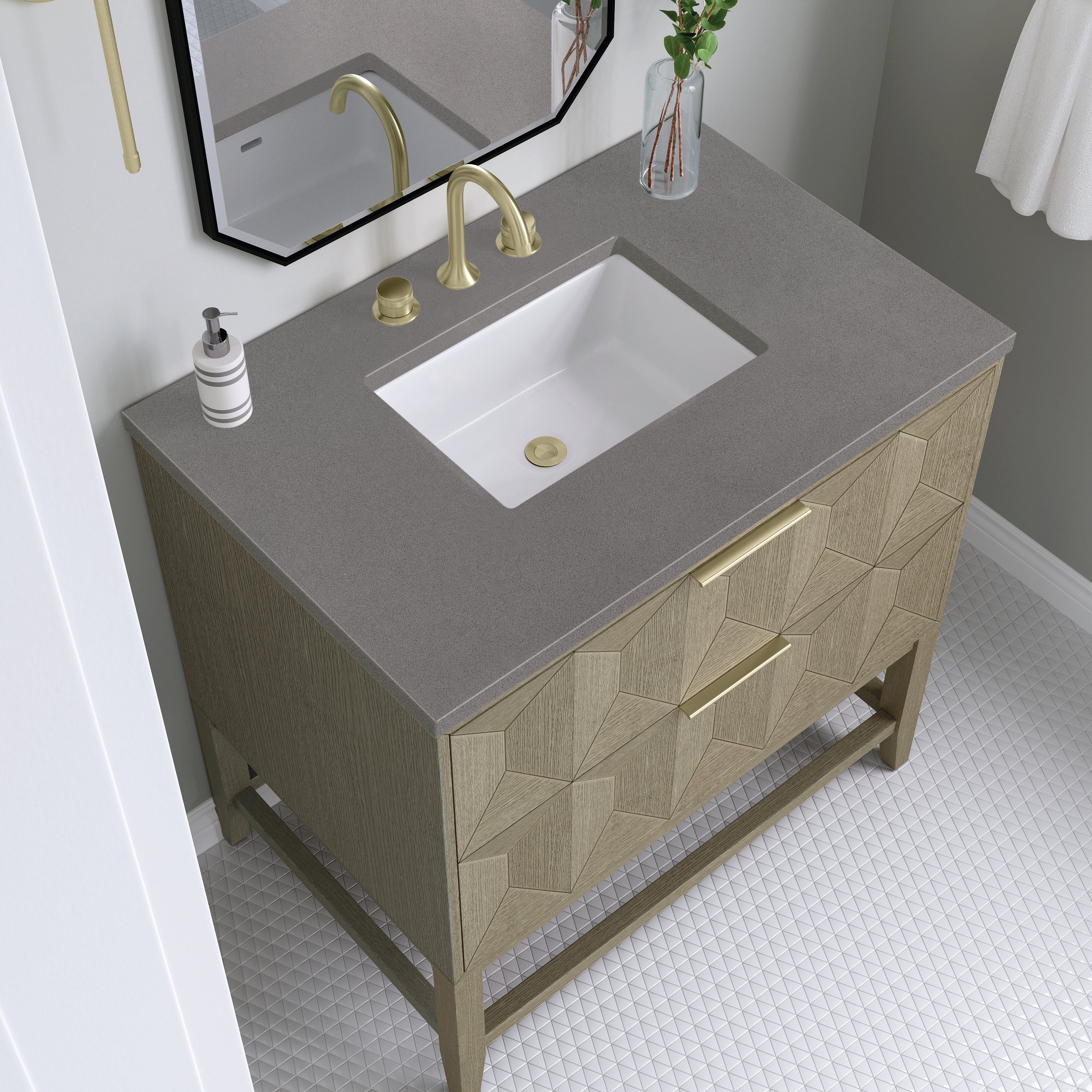 Emmeline 36 Inch Single Bathroom Vanity with Pebble Oak Finish & 3CM Grey Expo Top - Perfect for Modern Home Bathroom Renovation and Space-Saving Design