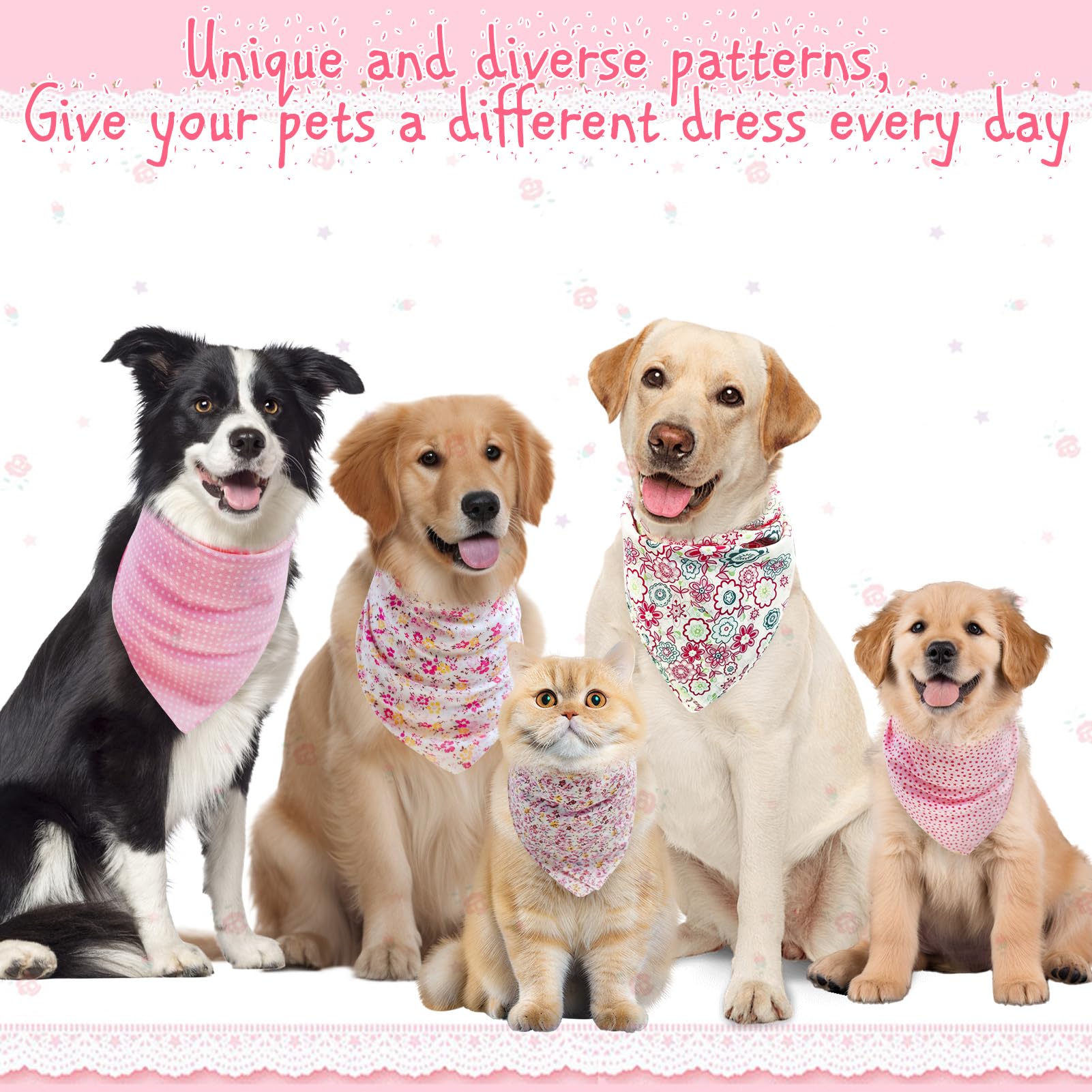 PAWCHIE 5 Pack Reversible Dog Bandanas - Adjustable Floral Pet Scarves for Small Dogs & Cats | Soft Triangle Bibs & Square Kerchiefs | Perfect for Spring Outfits, Costume Parties & Daily Pet Fashion Accessories