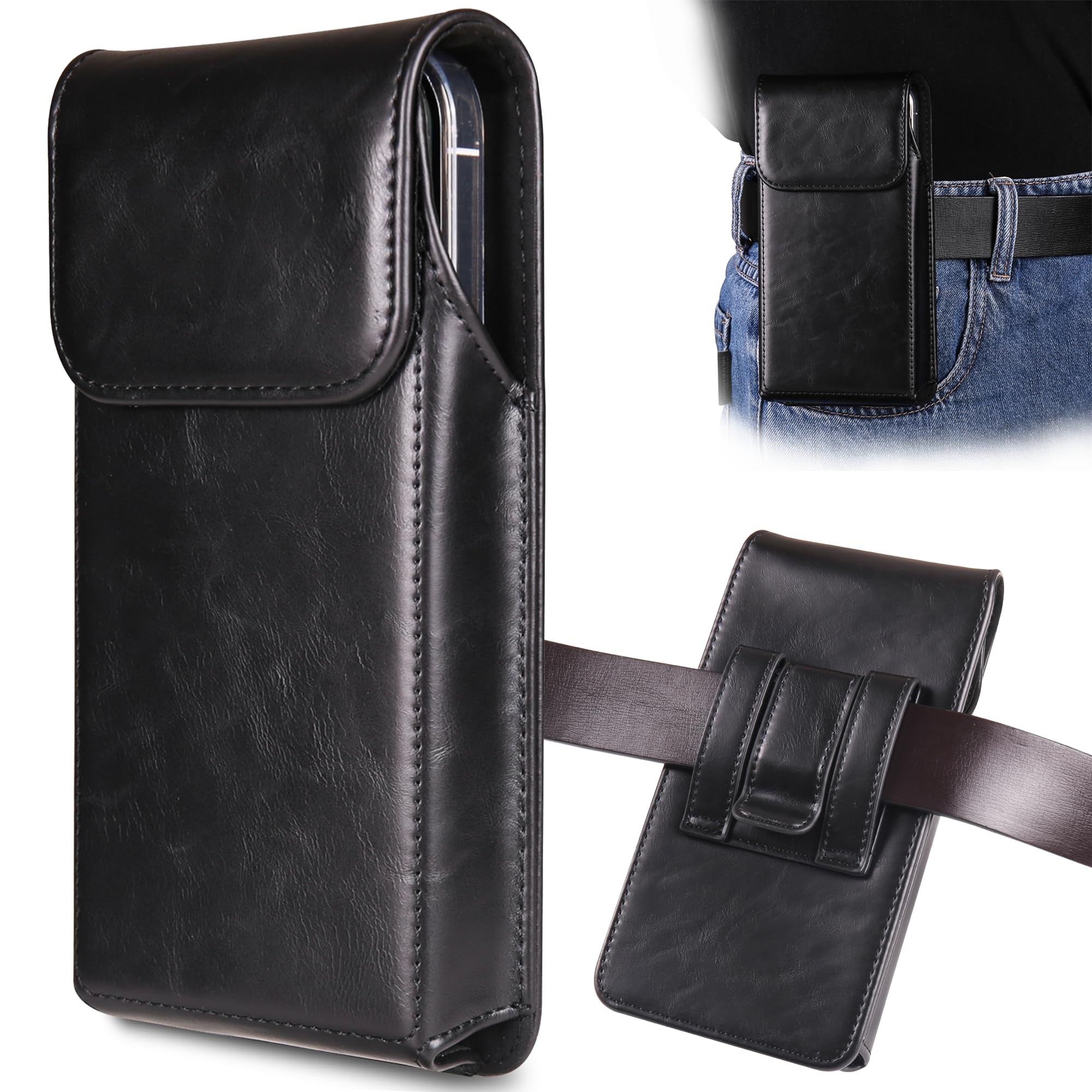 Premium Leather Phone Holster Belt Case for iPhone 15/14/13/12/11/XR & Galaxy S24/S23/S22 - Adjustable Belt Clip Pouch for Secure Carry (Black, Medium) - Perfect for Outdoor Activities, Work & Travel