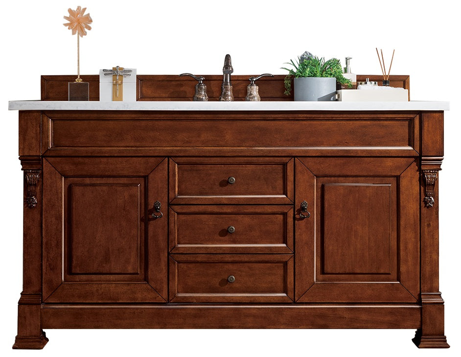 Brookfield 60 Inch Single Bathroom Vanity with Warm Cherry Finish & 3CM White Zeus Quartz Countertop - Perfect for Modern Home Bathroom Renovation