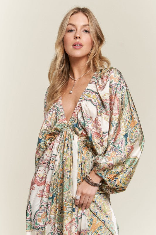 Printed V-Neck Batwing Sleeve Maxi Dress for Women - Flowy Bohemian Summer Beach Dress for Vacations, Parties & Casual Outings