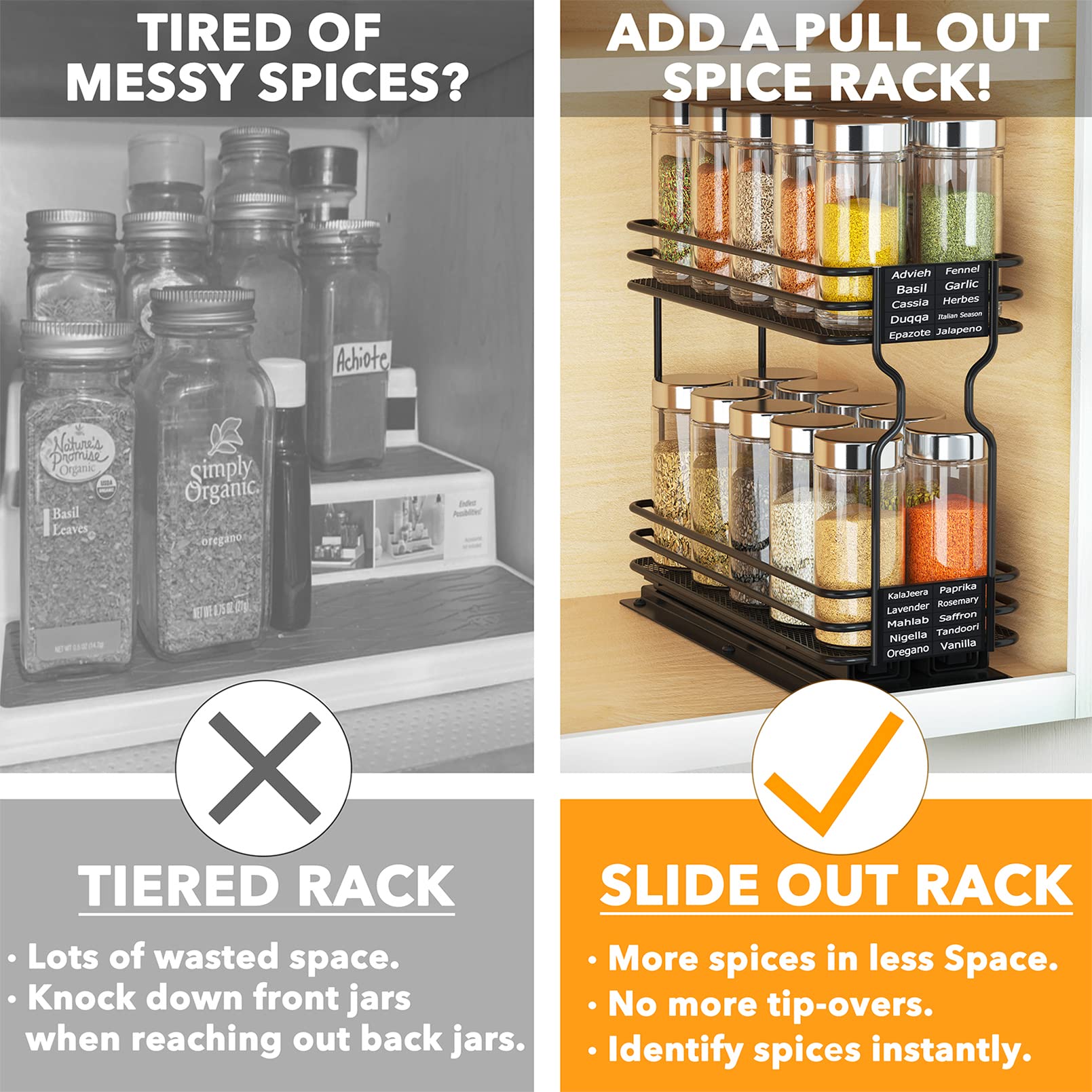 SpaceAid 28-Piece Spice Drawer Organizer Set with Glass Jars, 4-Tier Expandable Tray & Chalkboard Labels - Perfect for Kitchen Pantry, Spice Rack & Countertop Organization