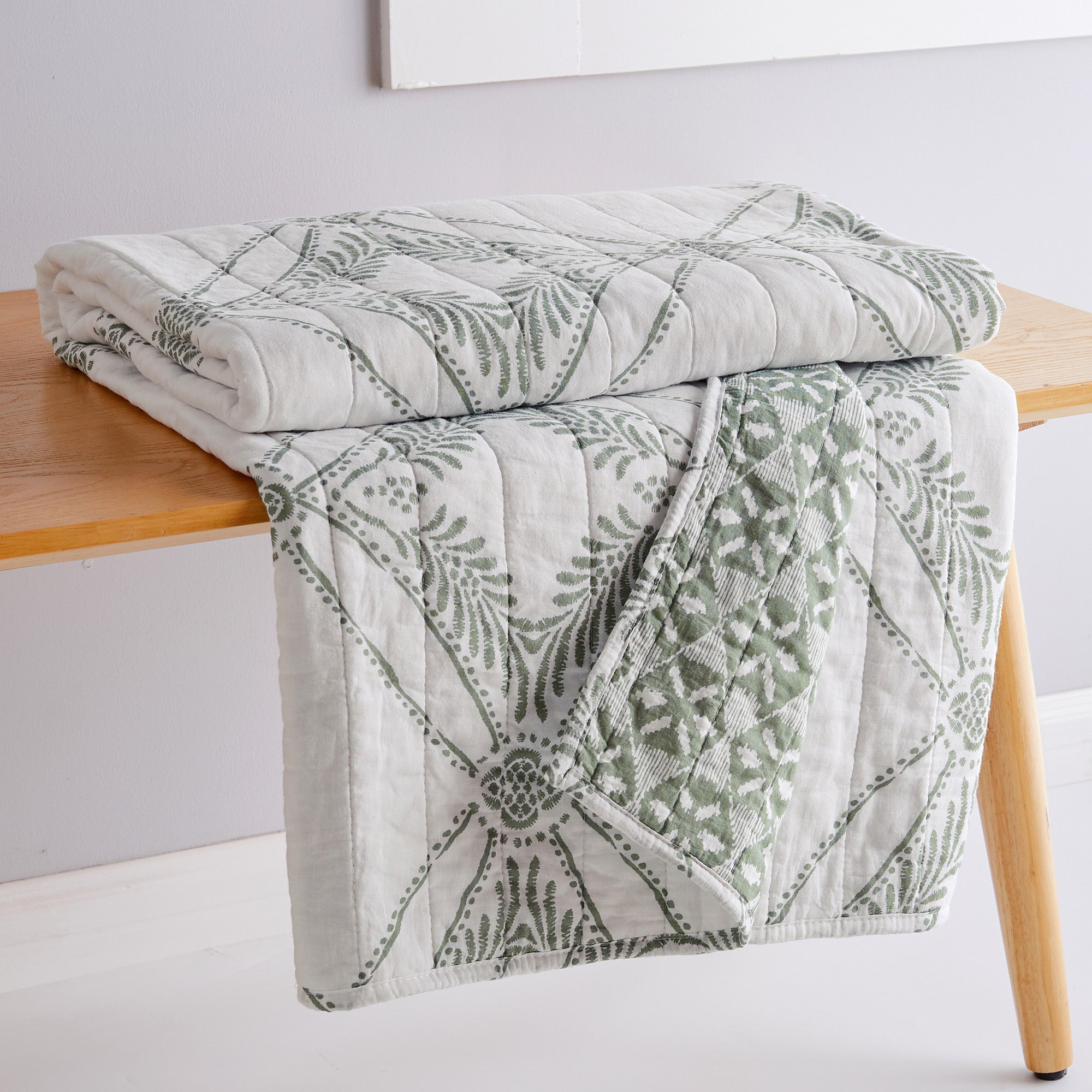 Kemala Sage Quilted Throw Blanket - Soft Lightweight Bedspread for Couch, Sofa & Bed - Cozy Home Decor for Living Room, Dorm or Gift