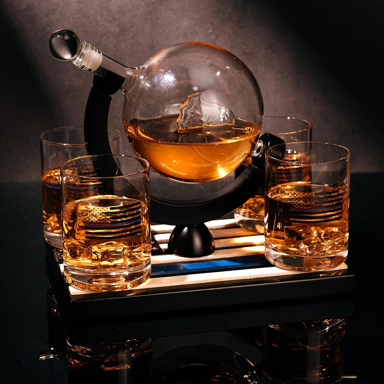 Police Officers Whiskey Decanter Set - 850ml Glass Decanter & 4 (10oz) Glasses with Thin Blue Line Flag Base - Law Enforcement Gifts for Police, First Responders & Police Academy Graduates - Perfect for Father's Day, Retirement & Appreciation Gifts