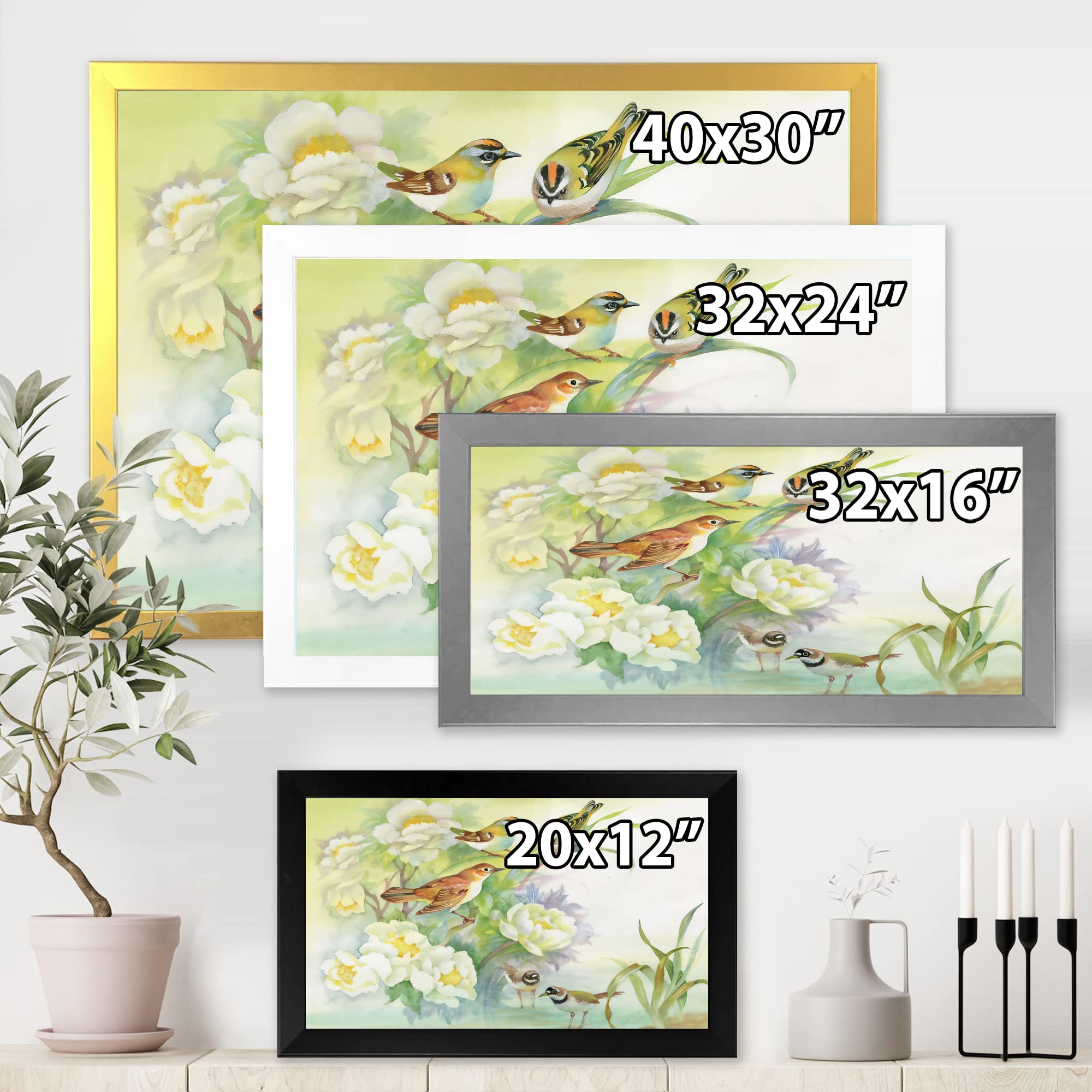 DesignQ Traditional Framed Wall Art - Rustic Scenery with Flowers and Birds - Perfect for Living Room, Bedroom & Office Decor