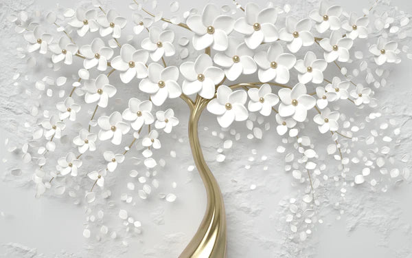 3D White & Gold Flower Tree Design Wall Art Print - 90x60cm - 100% Australian Made - Perfect for Living Room, Bedroom & Office Decor