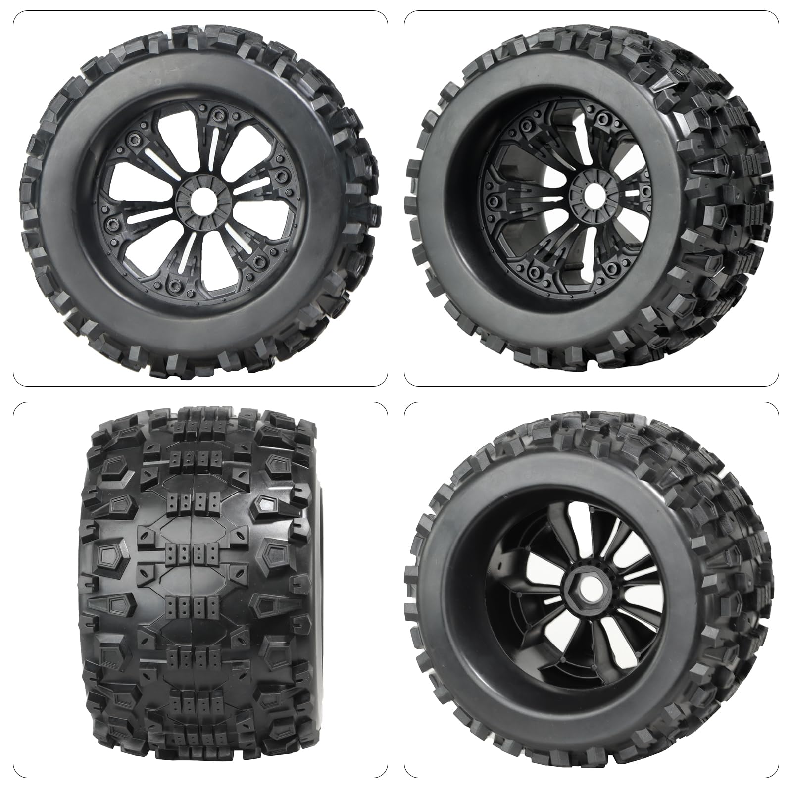 17mm Hex RC Wheels and Tires Set of 4 - Compatible with Traxxas Sledge, XMaxx, Revo 3.3, Summit, Arrma Kraton, Notorious, Outcast 6s, Redcat 3.8 - 1/8 Scale Pre-Glued Off-Road RC Truck Tires - Perfect for Bashing, Crawling and High-Speed Racing