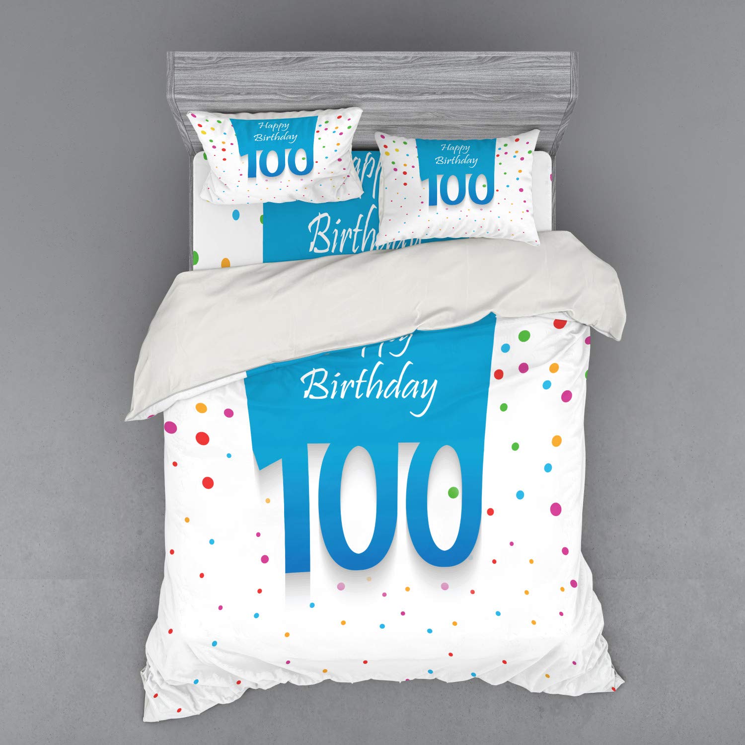 Ambesonne 100th Birthday Bedding Set - 4 Piece Duvet Cover Set with Shams & Fitted Sheet, Queen Size, Colorful Polka Dot Design for 100 Years Celebration - Perfect for Milestone Birthday Parties, Retirement Gifts & Senior Home Decor