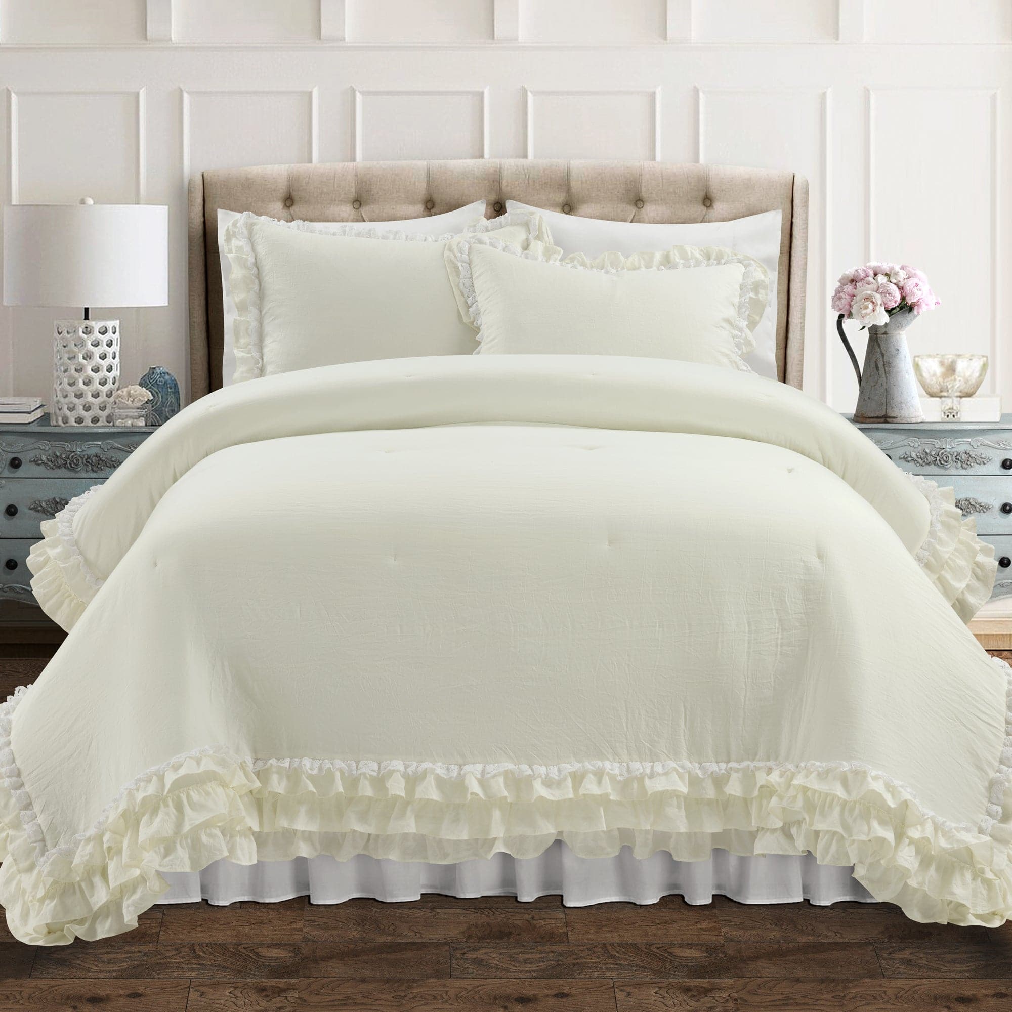 Ella Ruffle Lace 3-Piece Comforter Set - Queen Size Bedding with Pillow Shams - Elegant Lace Trim Luxury Bed Set for Master Bedroom, Guest Room & Hotel Decor