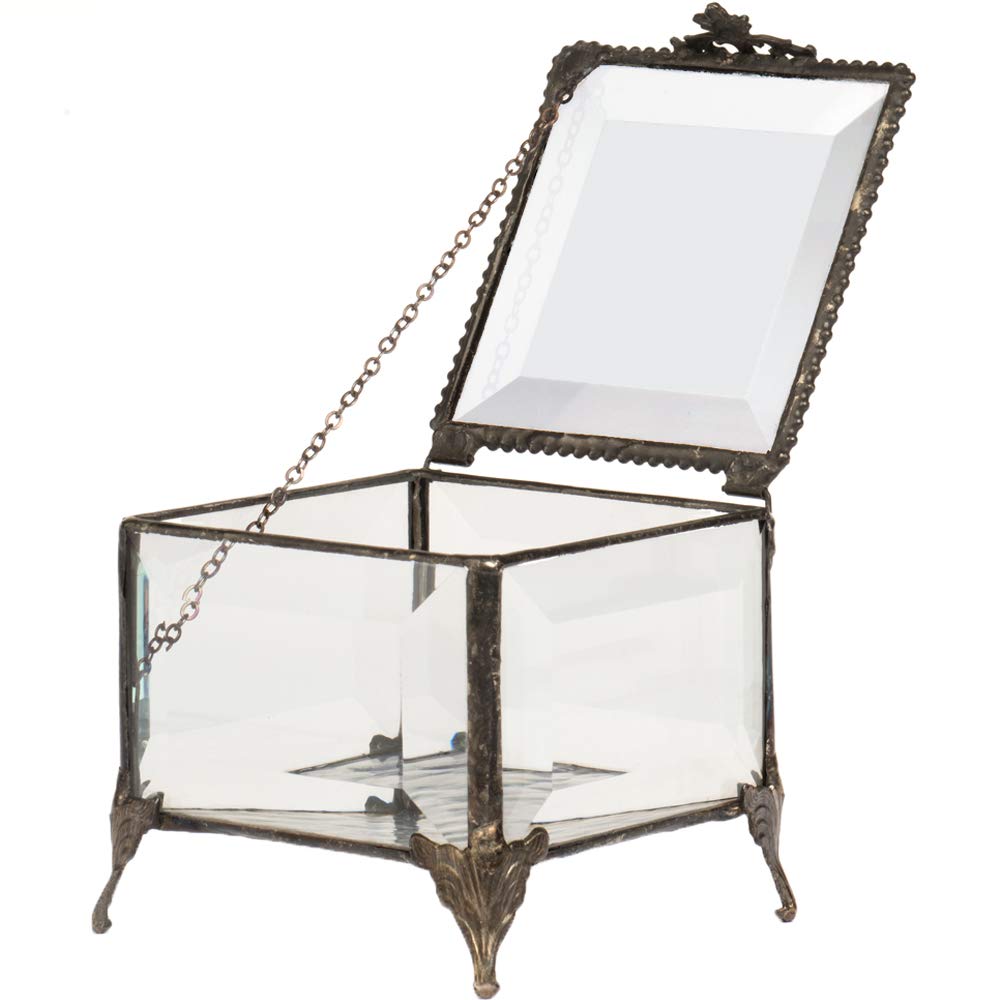 Iridescent Beveled Glass Jewelry Box with Hinged Lid & Decorative Feet - Elegant Keepsake Storage for Wedding, Anniversary Gifts & Special Occasions - Perfect for Displaying Rings, Necklaces & Treasures on Dresser or Vanity