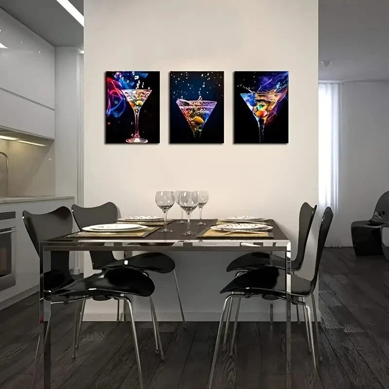 3-Piece Sparkling Wine & Cocktail Metal Wall Art Prints - Ready to Hang Bar Decor for Home, Kitchen & Party Entertaining