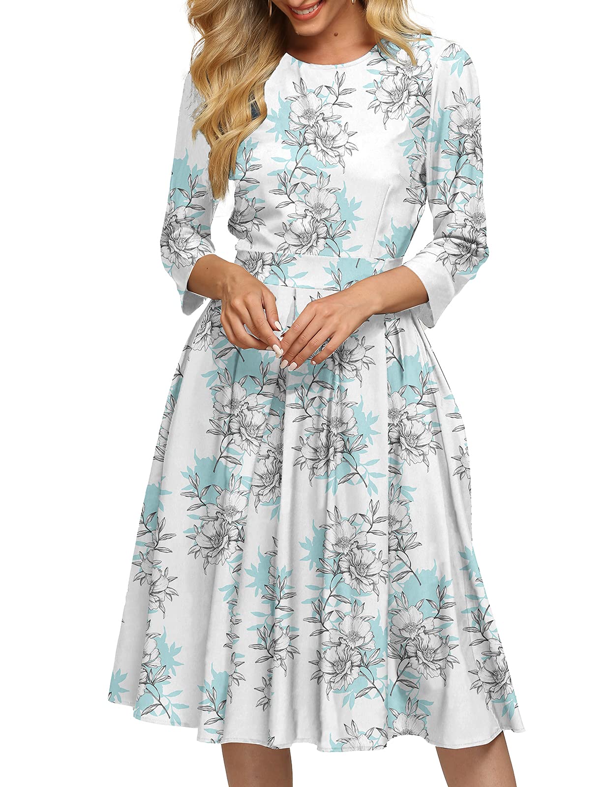 Vintage Floral Midi Dress for Women - Elegant 3/4 Sleeve Evening Gown | Perfect for Cocktail Parties, Weddings & Formal Events