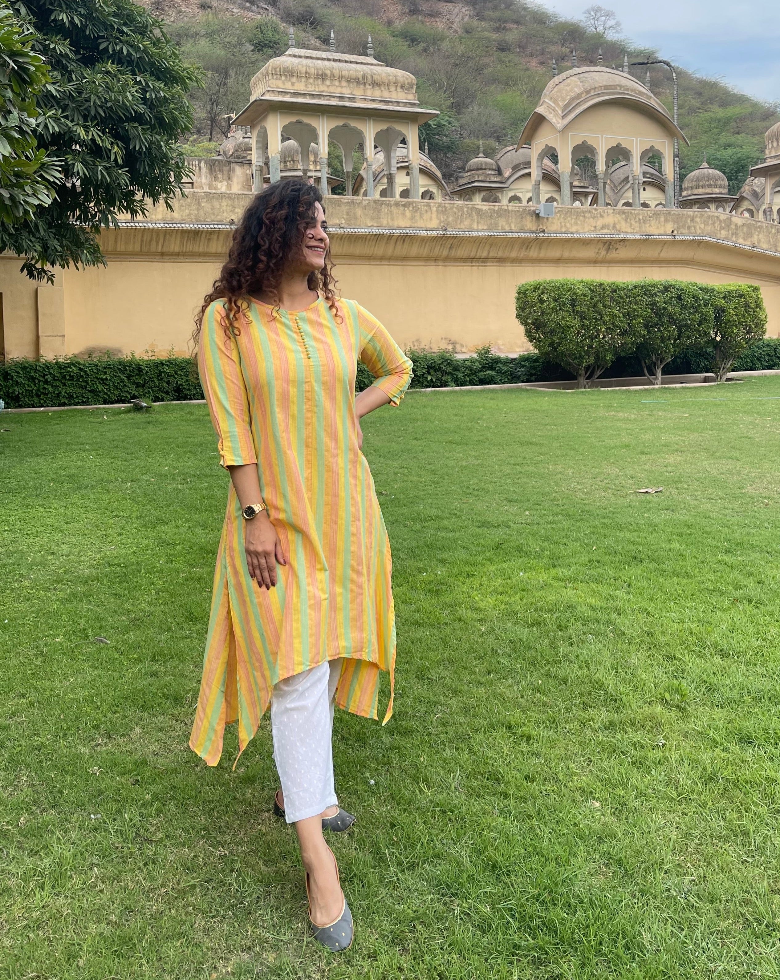 Stylish Yellow Cotton Stripes Kurta Set for Women - Comfortable & Trendy Indian Ethnic Wear - Perfect for Festivals, Parties & Casual Outings
