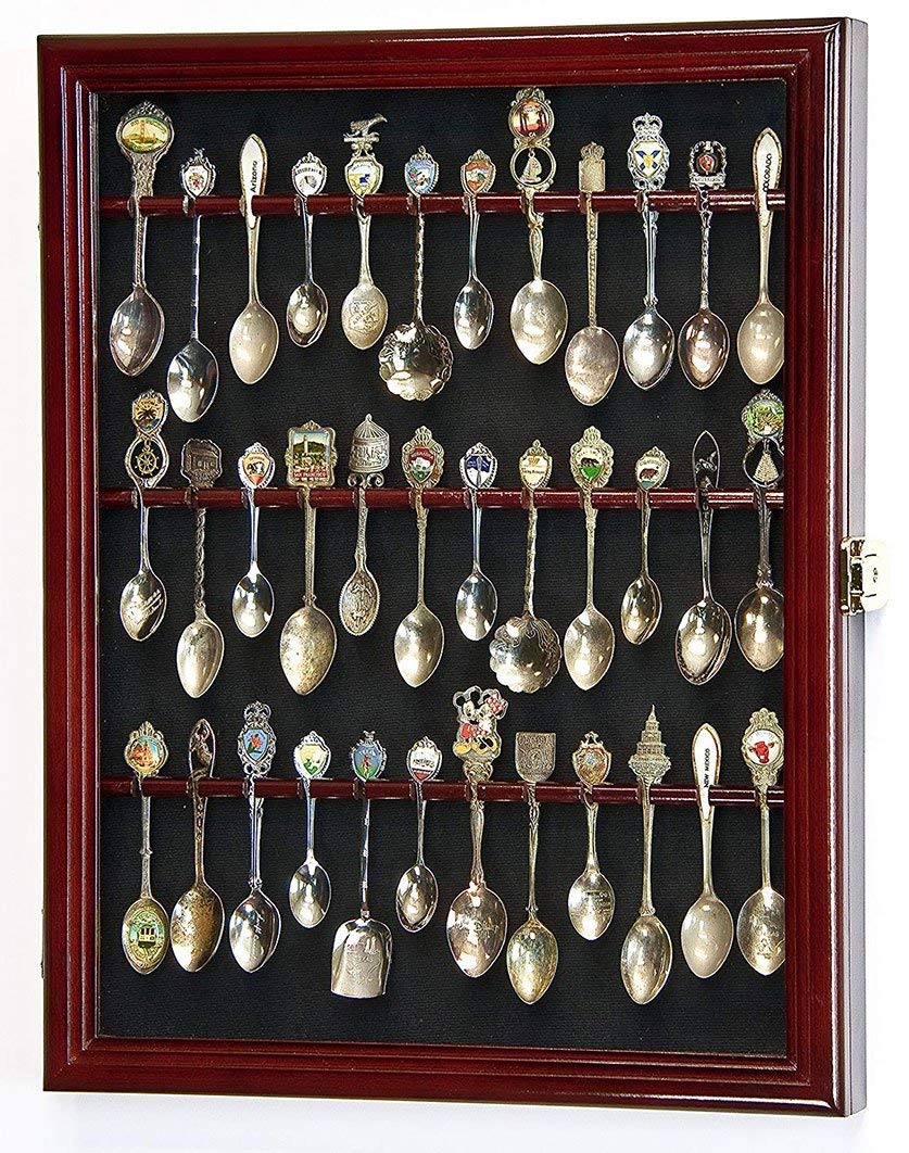 36-Slot Wooden Spoon Display Case - Wall Mounted Cherry Finish Cabinet for Kitchen Utensil Organization & Storage - Perfect for Restaurants, Kitchens, and Home Decor