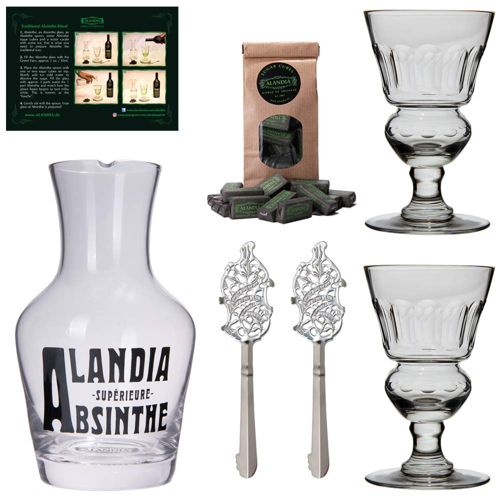 Premium Absinthe Carafe Set with 4 Glasses & Spoons - ALANDIA Original Handcrafted Mouth-Blown Glass Barware - 19th Century Bohemian Style for Home Bar, Cocktail Parties & Gift Giving