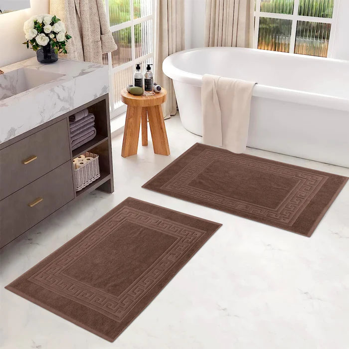 Premium Cotton 2-Piece Greek Key Border Bath Mat Set - Ultra Absorbent, Non-Slip Bathroom Rug - Perfect for Modern Bathrooms, Master Suites & Spa-Like Retreats