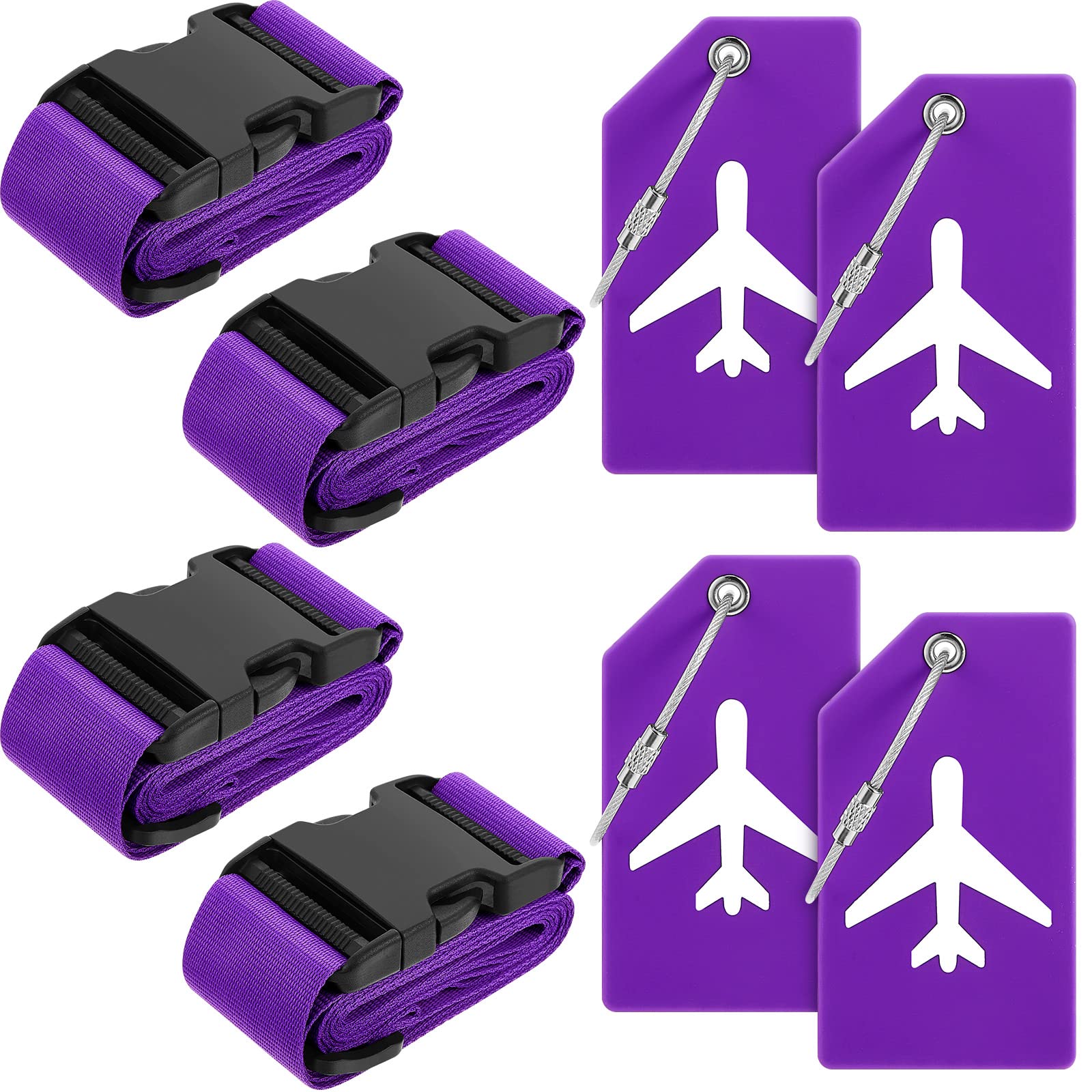 8-Piece TSA Approved Luggage Straps & Silicone Tags Set - 4 Adjustable Suitcase Belts + 4 Name ID Card Holders (Dark Purple) - Perfect for Air Travel, Cruise Vacations & Business Trips
