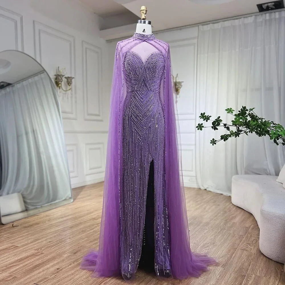 Elegant Beaded Mermaid Evening Gown with Cape Sleeves & High Slit - Serene Hill Caramel Celebrity Party Dress for Women LA72233 | Perfect for Red Carpet Events, Galas & Formal Occasions