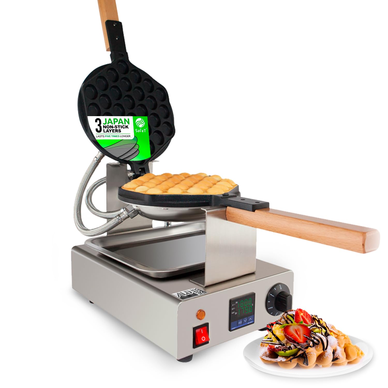 Commercial Stainless Steel Bubble Waffle Maker Machine with Digital Thermostat - 110V Electric Egg Waffle Iron for Home & Restaurant Use - Perfect for Making Hong Kong Style Egg Puffs, Desserts & Street Snacks (AP-124)