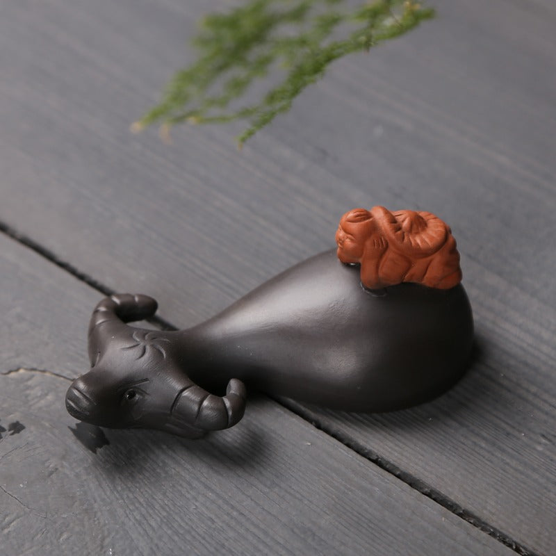 Yixing Clay Cow and Boy Tea Pet - Handmade Ceramic Tea Companion for Gongfu Tea Ceremony, Perfect Gift for Tea Lovers - Enhance Your Tea Brewing Experience with This Charming Decoration