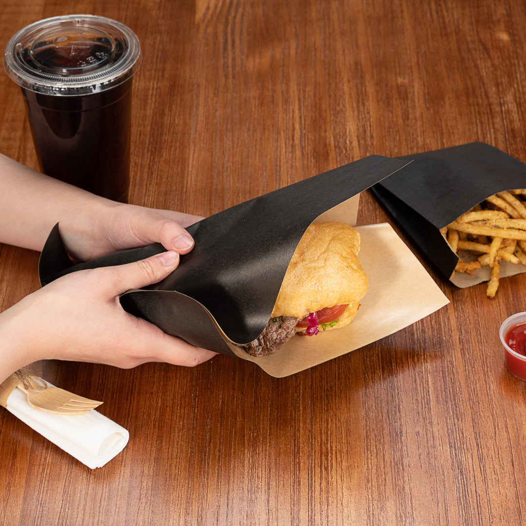 Premium Black Greaseproof Paper Bags - Large Double Open Design (10
