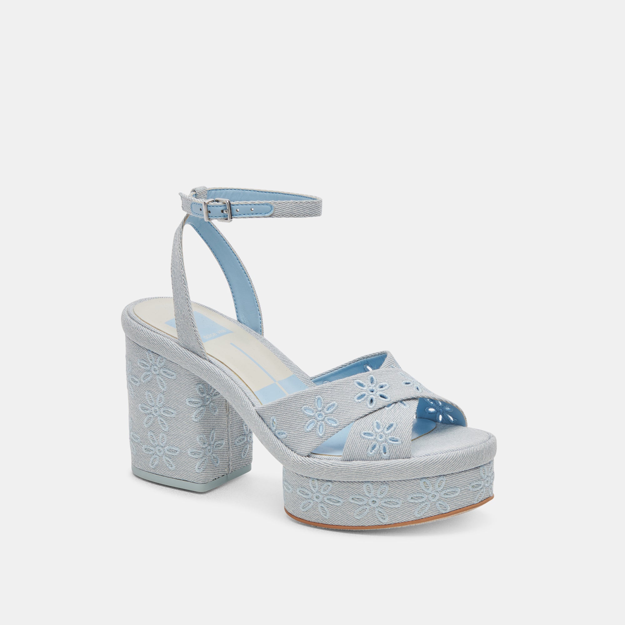 LAISHA Women's Light Blue Floral Eyelet Heels - Elegant High Heel Sandals for Weddings, Parties & Summer Outfits