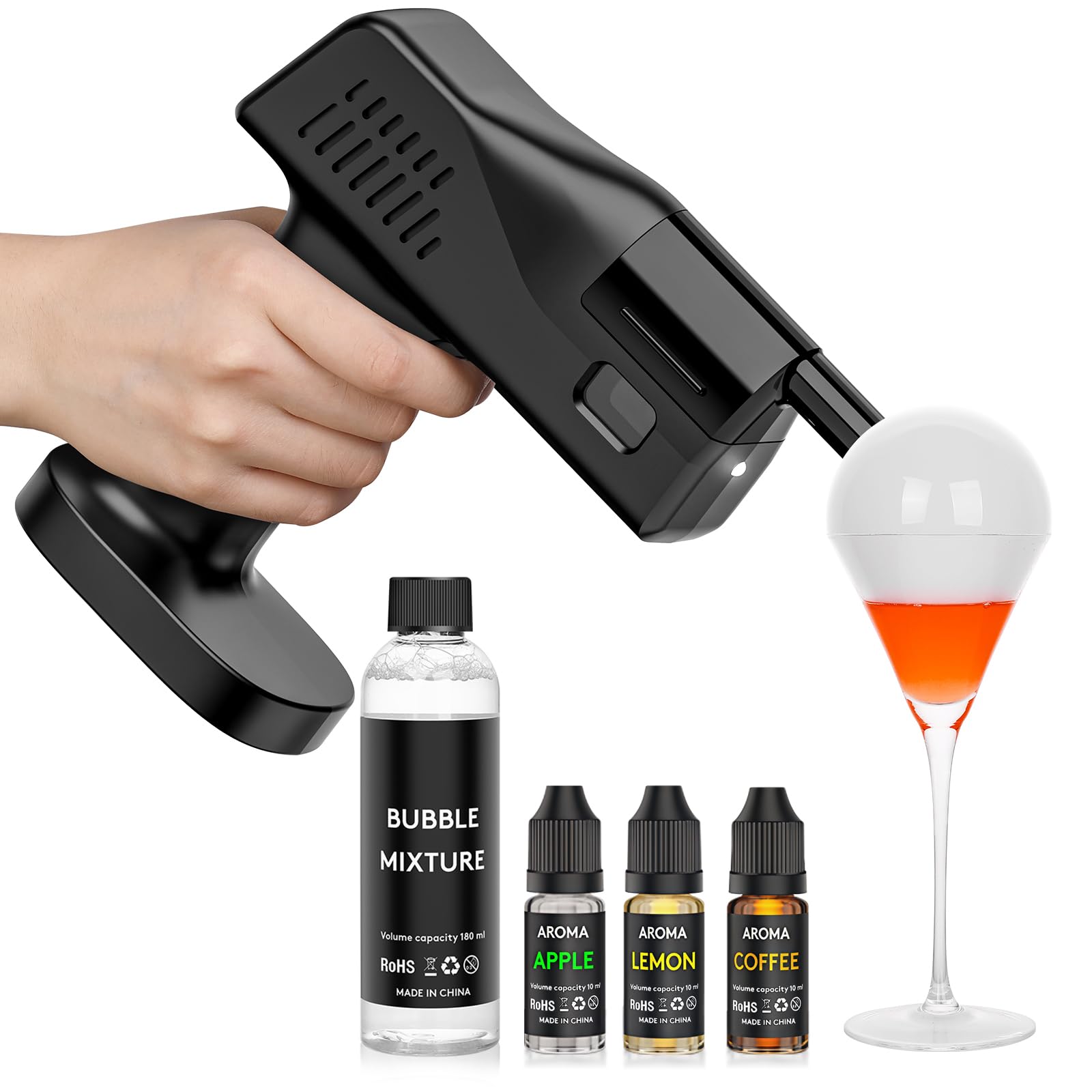 Electric Cocktail Smoking Bubble Gun with 3 Flavor Oils & Edible Bubbles - Whiskey, Bourbon, Vodka Drink Smoker Kit - Perfect Bartender Tool & Unique Gift for Dads - Enhance Cocktail Parties & Home Bar Experience