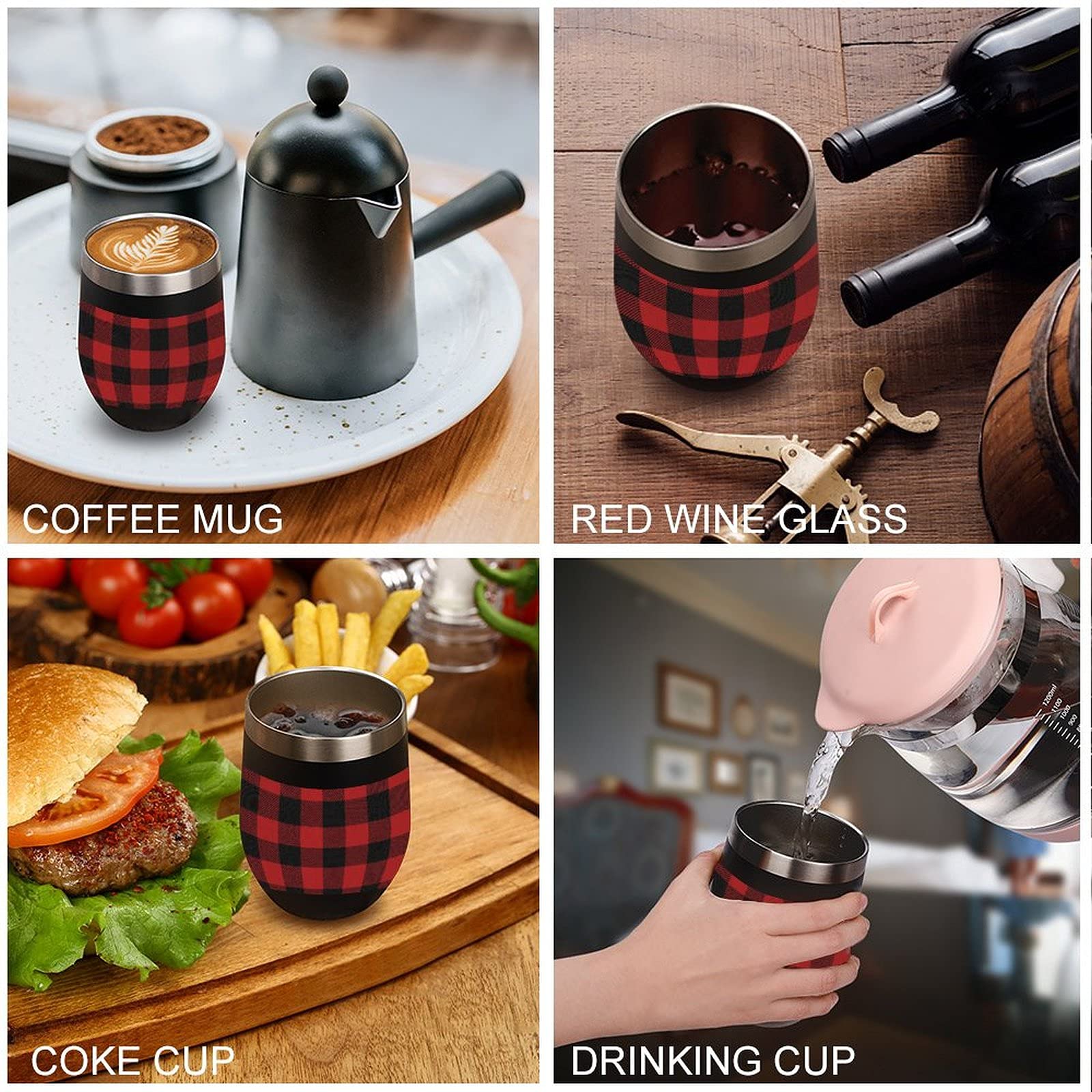 Stainless Steel Vacuum Insulated Wine Tumbler with Lid - Buffalo Scottish Tartan Plaid Checkered Design, Stemless Travel Cup for Coffee, Wine & Cold Drinks - Perfect for Camping, Office & Outdoor Adventures