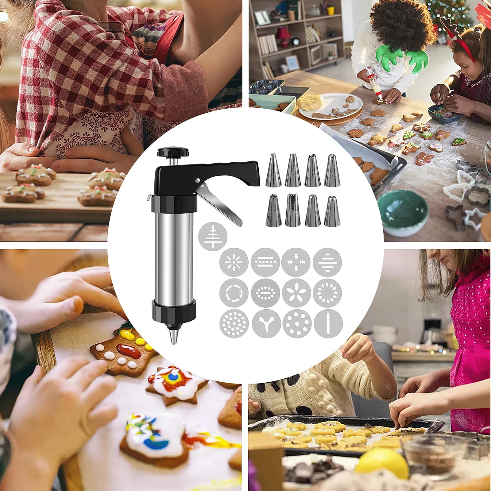 Premium Stainless Steel Cookie Press Gun Kit - 13 Press Discs, 8 Icing Tips & Cleaning Brush for Baking, Biscuit Making & Cake Decorating | Perfect for Christmas Cookies, Wedding Cakes & DIY Desserts (22x15x5.6cm)