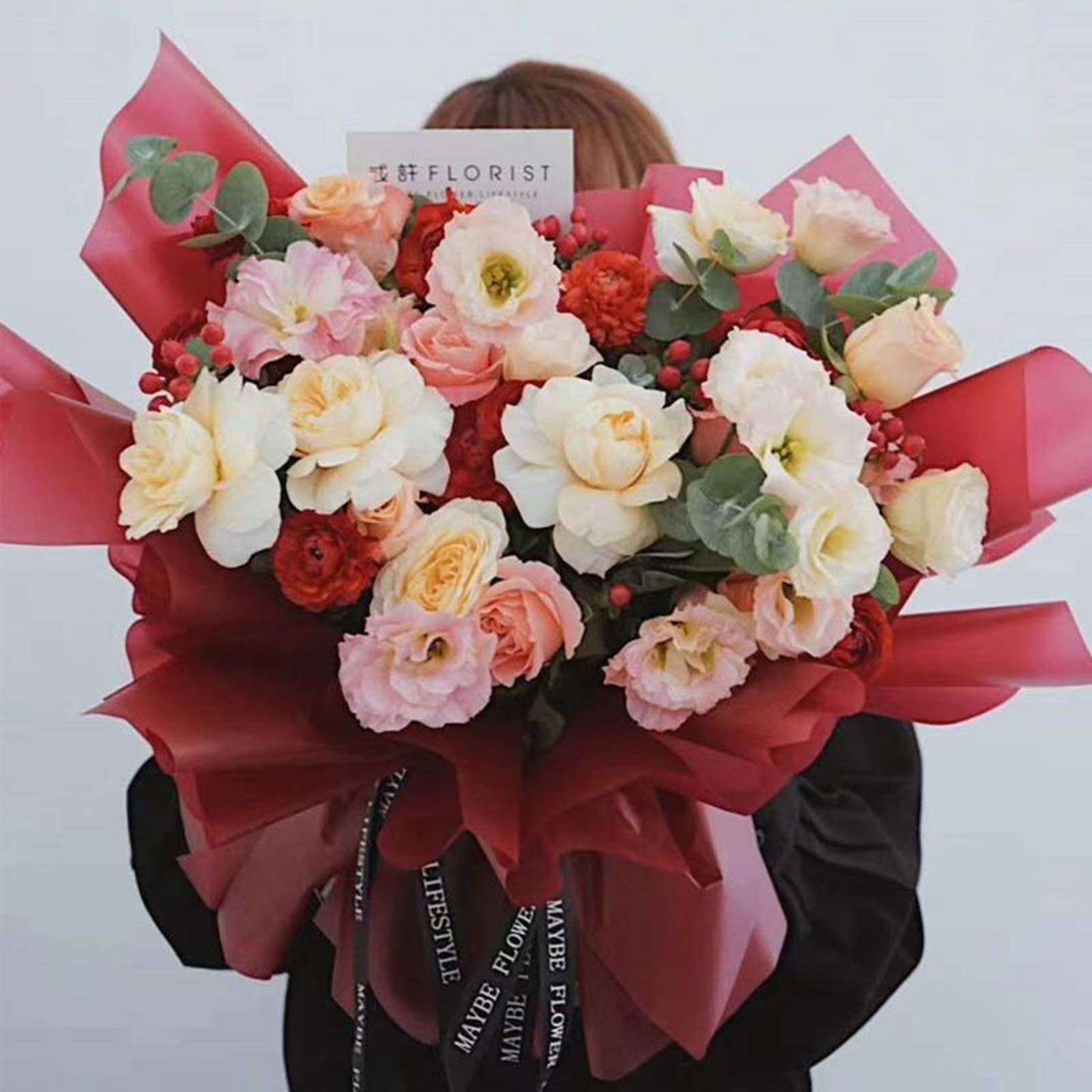 Premium Korean Honey Paper Floral Wrapping Paper - 40 Sheets Waterproof Flower Bouquet Wrapping for Fresh Flowers, 22.8x22.8 Inch (Begonia Red) - Perfect for Wedding Bouquets, Gift Wrapping & Floral Arrangements