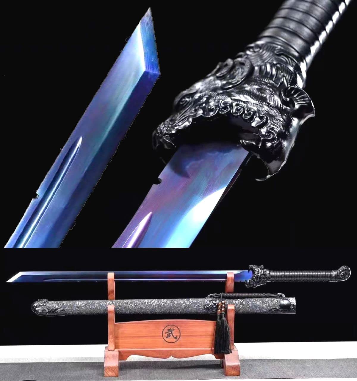 Hand Forged Wushu Sword - Sharp Blue Manganese Steel Kung Fu Saber with Tiger Head Design | Durable Martial Arts Training Weapon for Kung Fu Practice, Cosplay & Collection