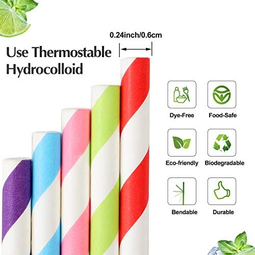 200 Pack Biodegradable Paper Drinking Straws Bulk - Eco Friendly Disposable Flexible Stripe Straws for Juices, Smoothies & Shakes - Perfect for Birthday Parties, Weddings & Events (Assorted Colors) - Ideal for Home, Cafes & Restaurants