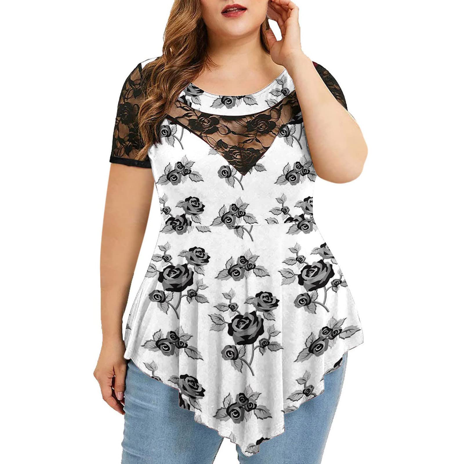 Women's Plus Size Casual Tunic Tops with Lace Sleeves - Short Neck Blouse for Summer & Fall | Dressy Office Wear & Weekend Outfits