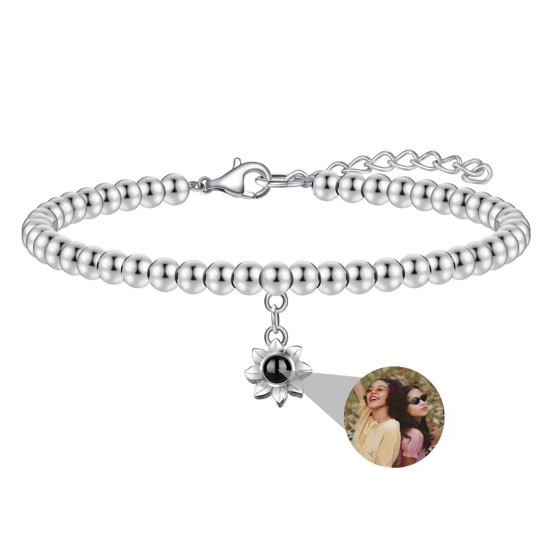 Custom Personalized Photo Bracelet with Round Bead Projection - Hidden Picture Inside Jewelry for Women | Magnified Memory Keepsake Gift for Best Friend, Anniversary & Special Occasions | Available in Silver & Rose Gold